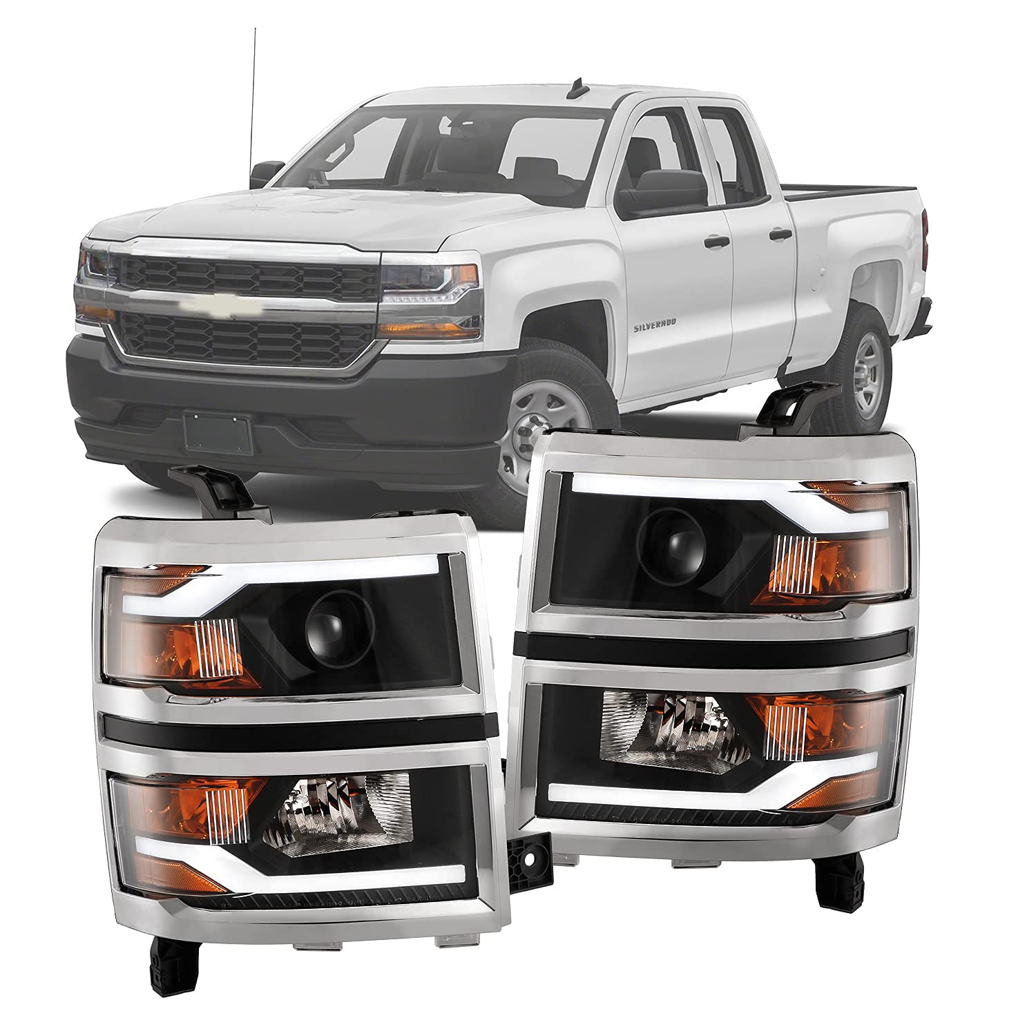 WolfX LED DRL Bar Projector Headlights for 2014-2015 Chevy Silverado 1500 - Black/Clear - Upgrade Truck Lighting for Night Driving & Off-Road Adventures