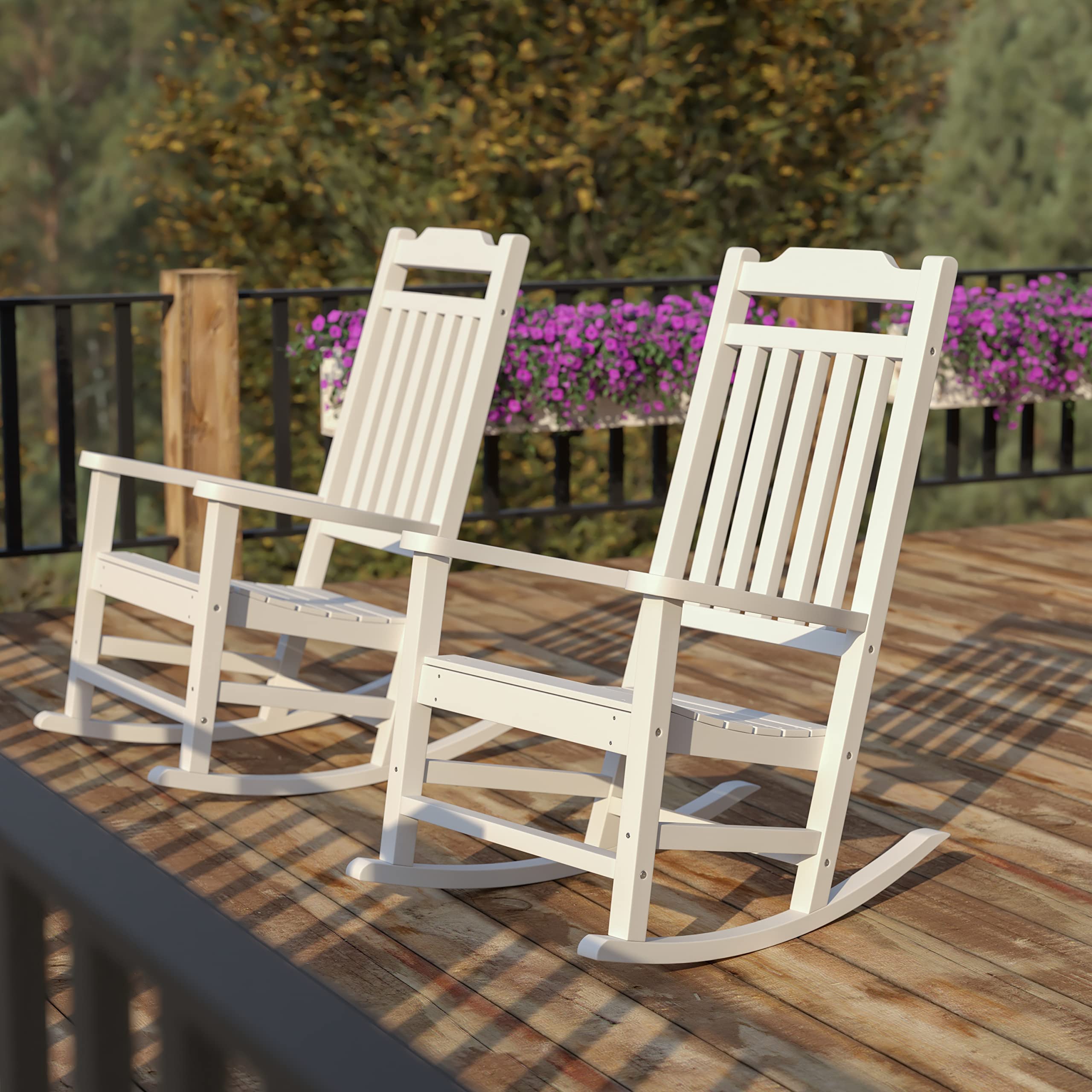 EMMA + OLIVER Set of 2 All-Weather White Poly Resin Rocking Chairs - Faux Wood Outdoor Patio Furniture for Garden, Porch & Backyard Relaxation