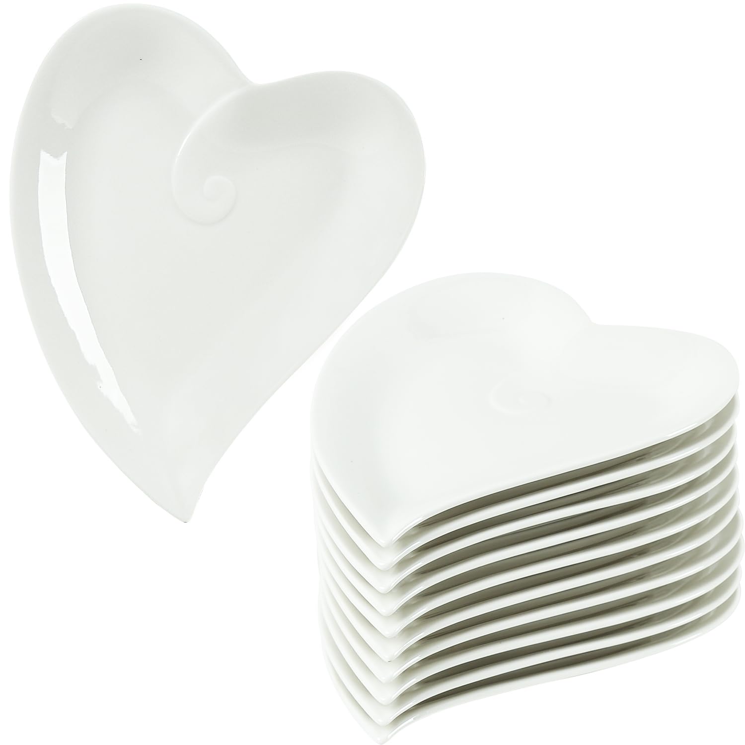 10-Piece 7-Inch White Porcelain Heart-Shaped Appetizer Plates Set - Microwave & Dishwasher Safe Small Dessert Plates for Cake, Ice Cream, Waffles - Perfect for Valentine's Day, Bridal Showers & Romantic Dinners