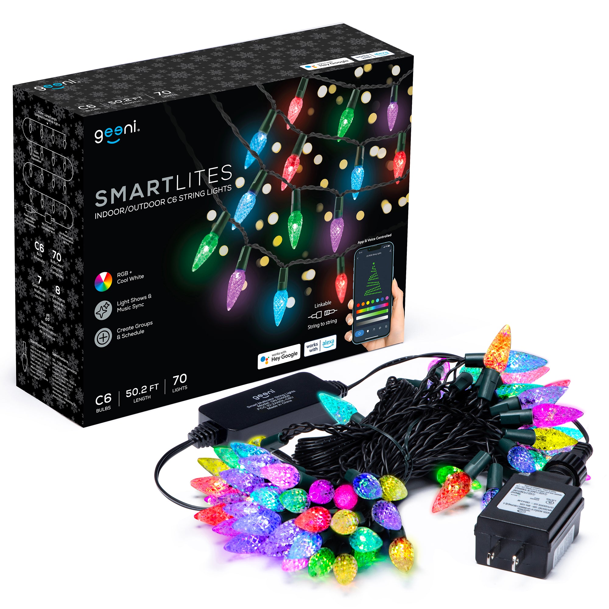 Geeni C6 LED String Lights 50 ft - Waterproof Indoor/Outdoor Christmas Lights for Patio, Garden, Party & Holiday Decorations