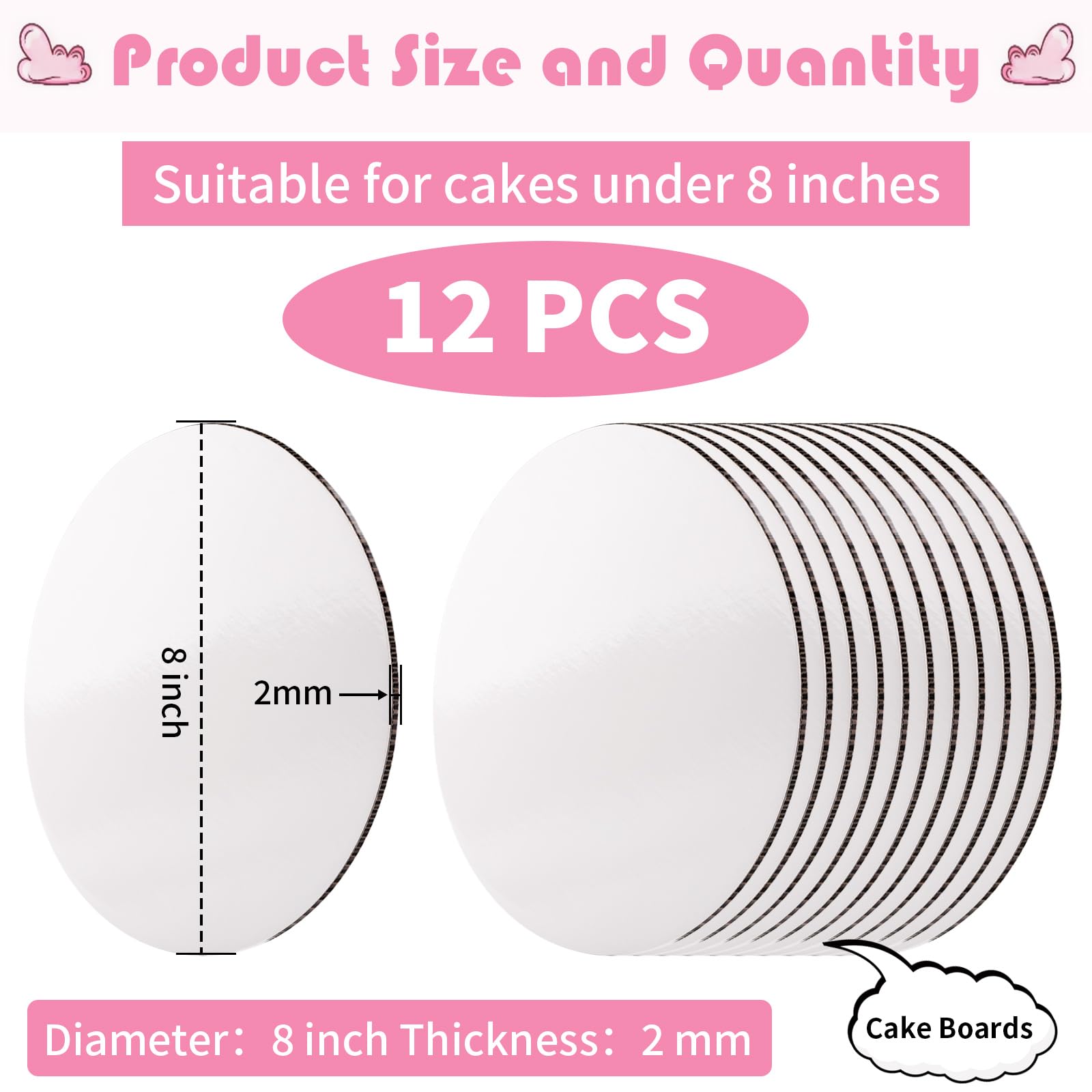 12 Pcs 8 Inch Round White Cake Boards - Food-Grade Cardboard Cake Rounds for Baking, Cake Decorating & Dessert Display - Waterproof & Oil-Proof Cake Bases for DIY, Party Serving & Craft Projects