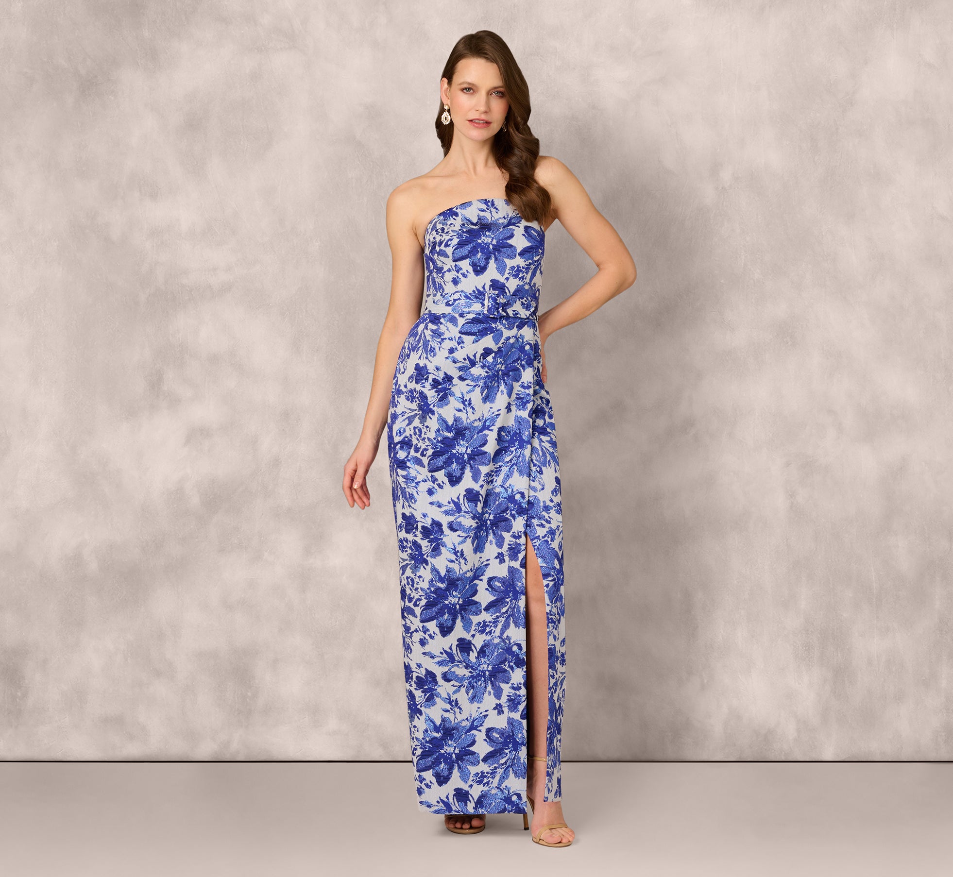 Elegant Strapless Belted Floral Jacquard Column Gown - Royal Blue Formal Dress for Evening Gala, Prom, Wedding Guest & Special Occasions