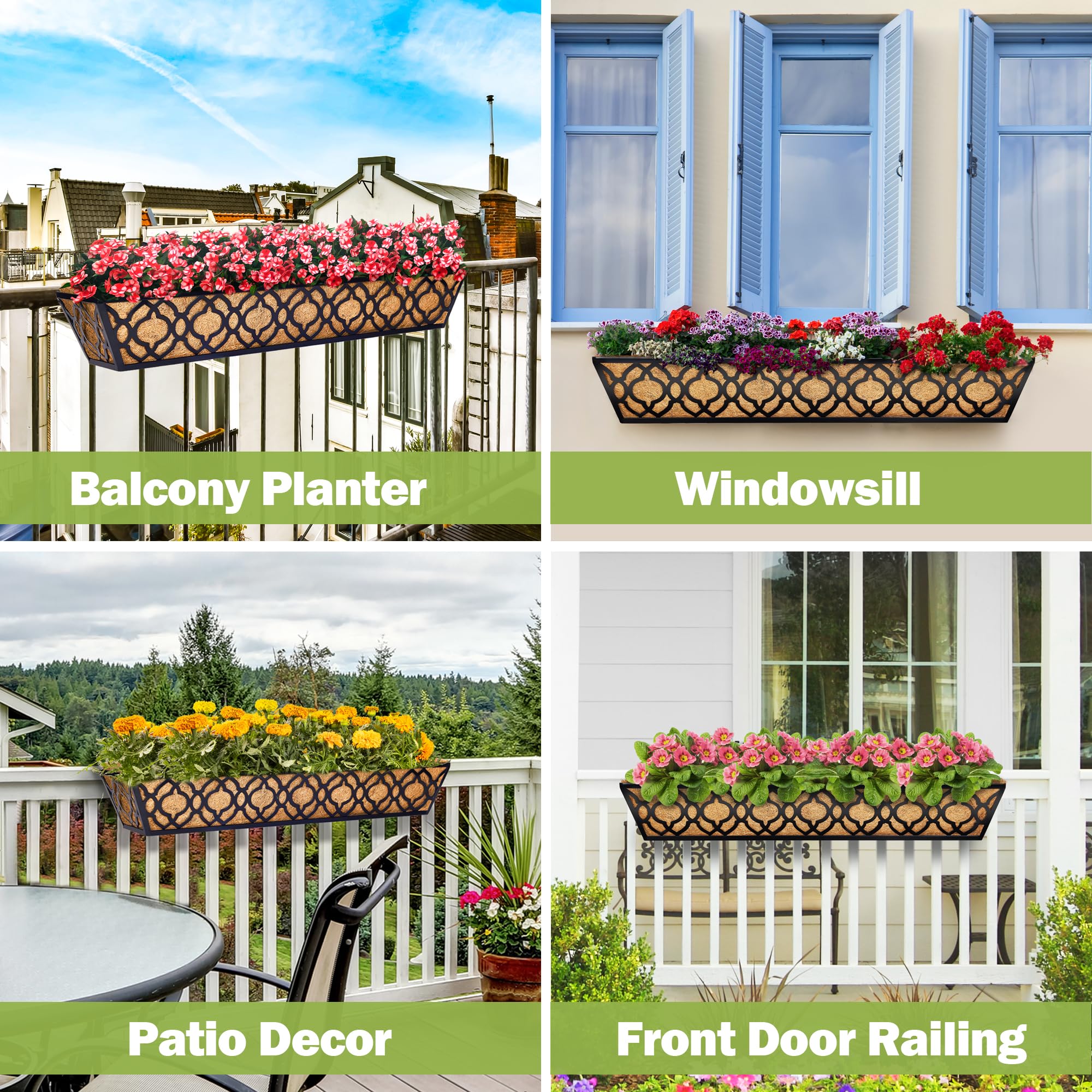 4 Pack 30 Inch Window Box Planter with Coconut Coir Liner - Metal Hanging Flower Basket for Deck, Railing, Indoor & Outdoor Use - Perfect for Flowers, Herbs, and Decorative Plants