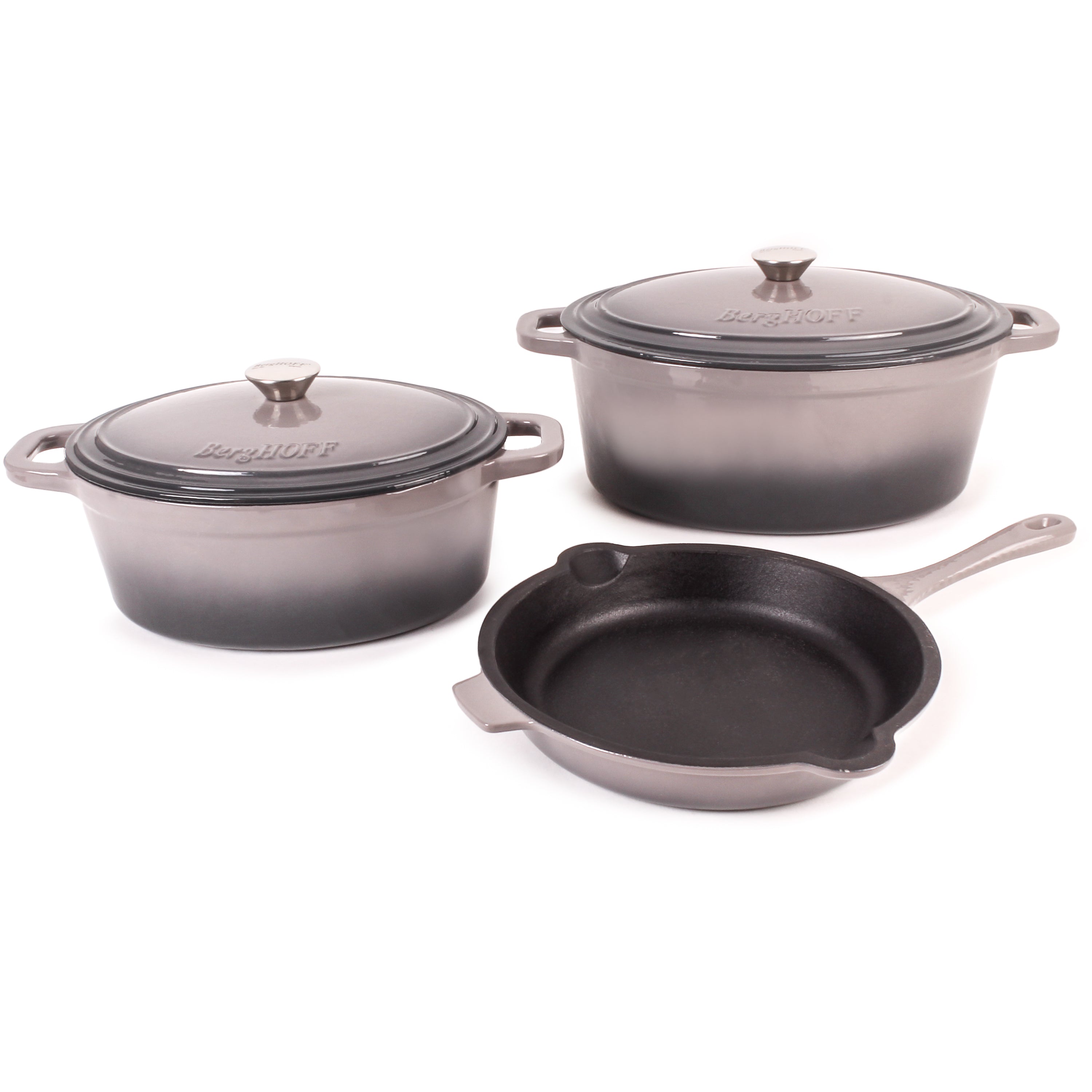 BergHOFF Neo 5-Piece Cast Iron Dutch Oven Set with 10-Inch Fry Pan, 5qt & 8qt Oval Oven - Perfect for Braising, Roasting, and Slow Cooking at Home or Camping