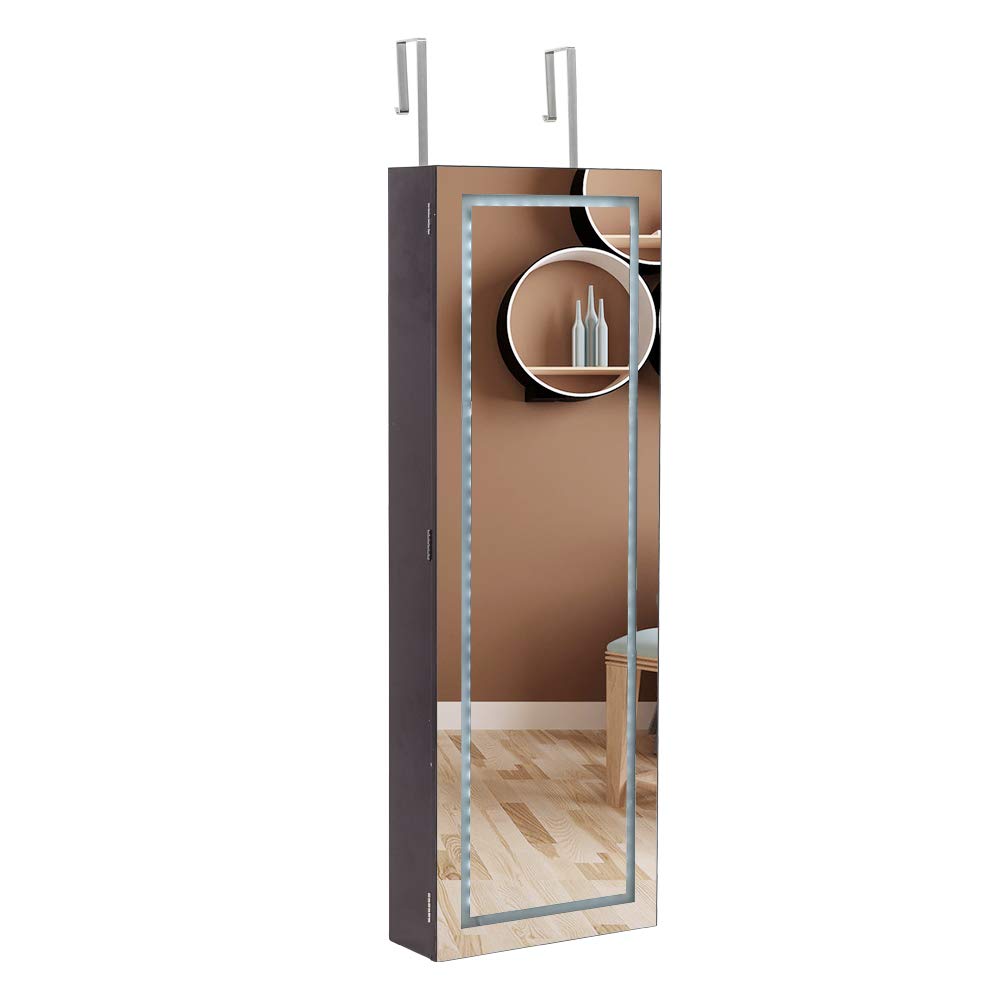 Full Length Mirror with Wooden Wall Mounted 4-Tier Shelf - Jewelry Storage Cabinet with Built-in Mirror & 3-Color LED Lighting (Dark Brown) - Perfect for Bedroom, Dressing Room and Vanity Organization