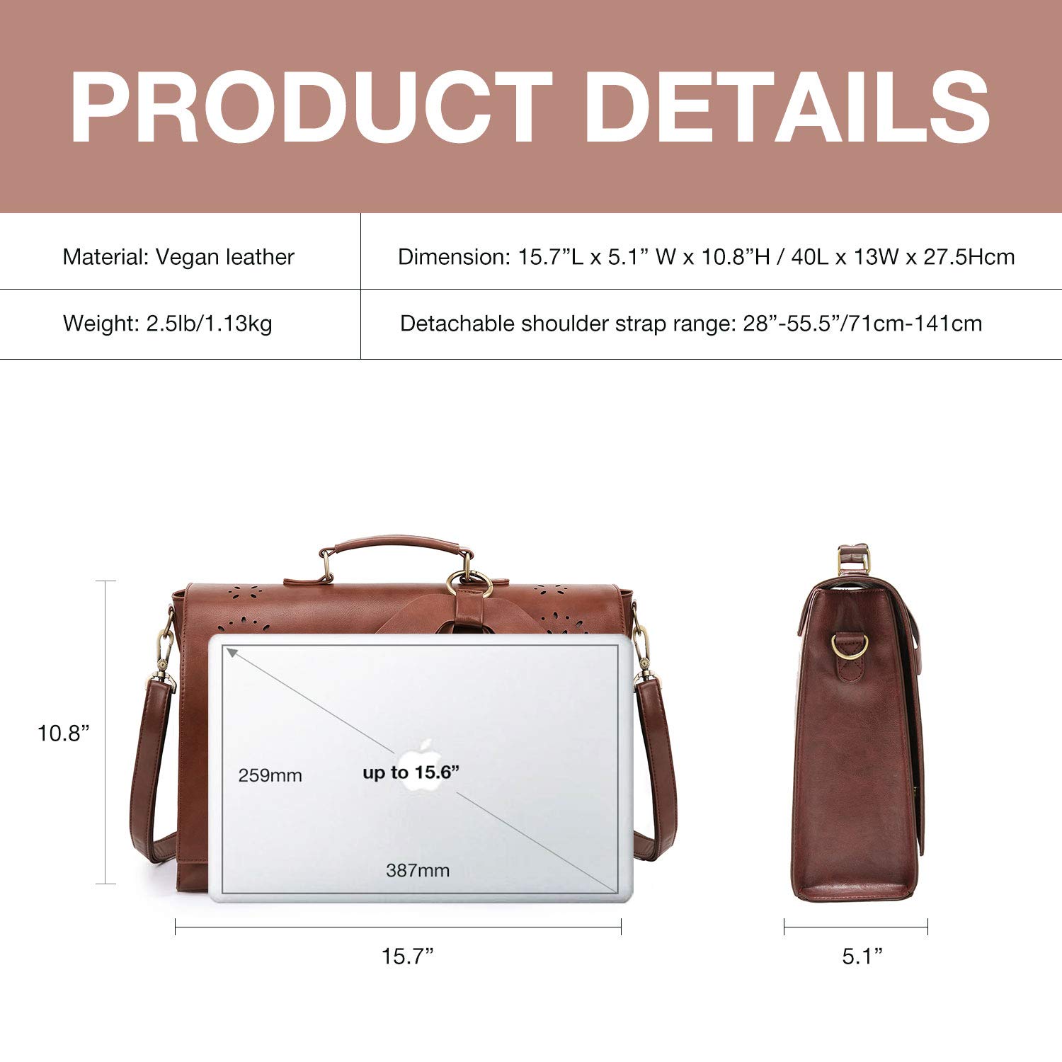 ECOSUSI Vegan Leather Women's Briefcase - Stylish Laptop Bag for Work & Business, Detachable Bow Shoulder Satchel - Perfect for Office, Commuting & Travel