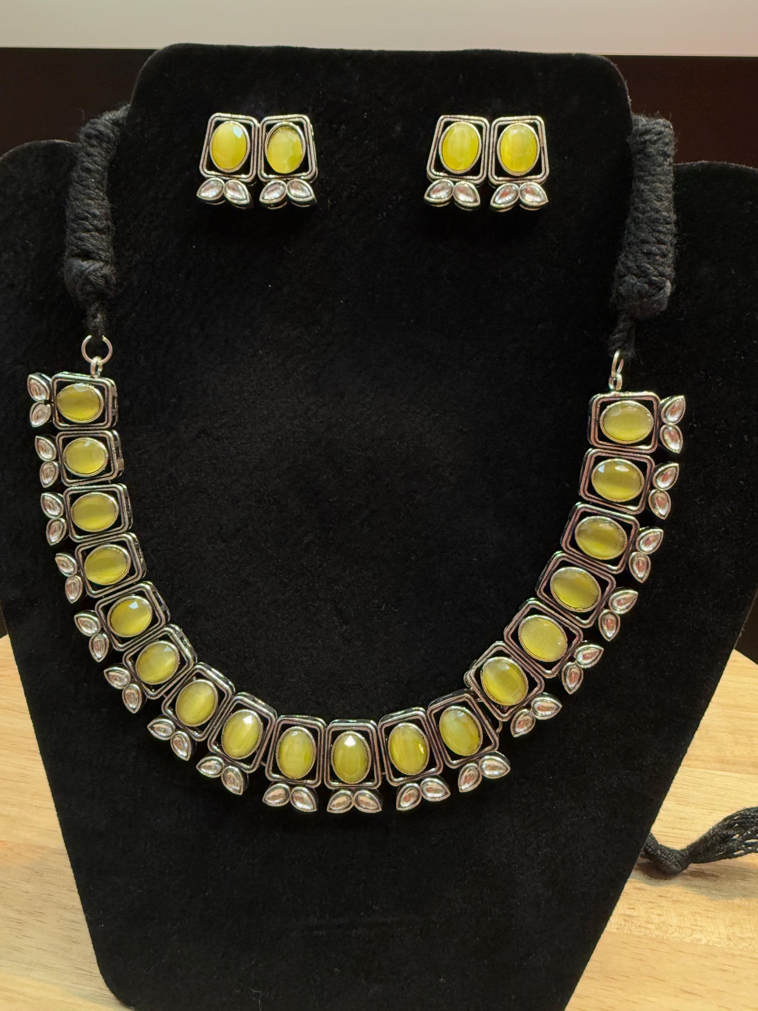Elegant Yellow & Silver Oxidized Necklace and Earrings Set - Boho Jewelry for Women, Perfect for Parties, Weddings & Everyday Wear