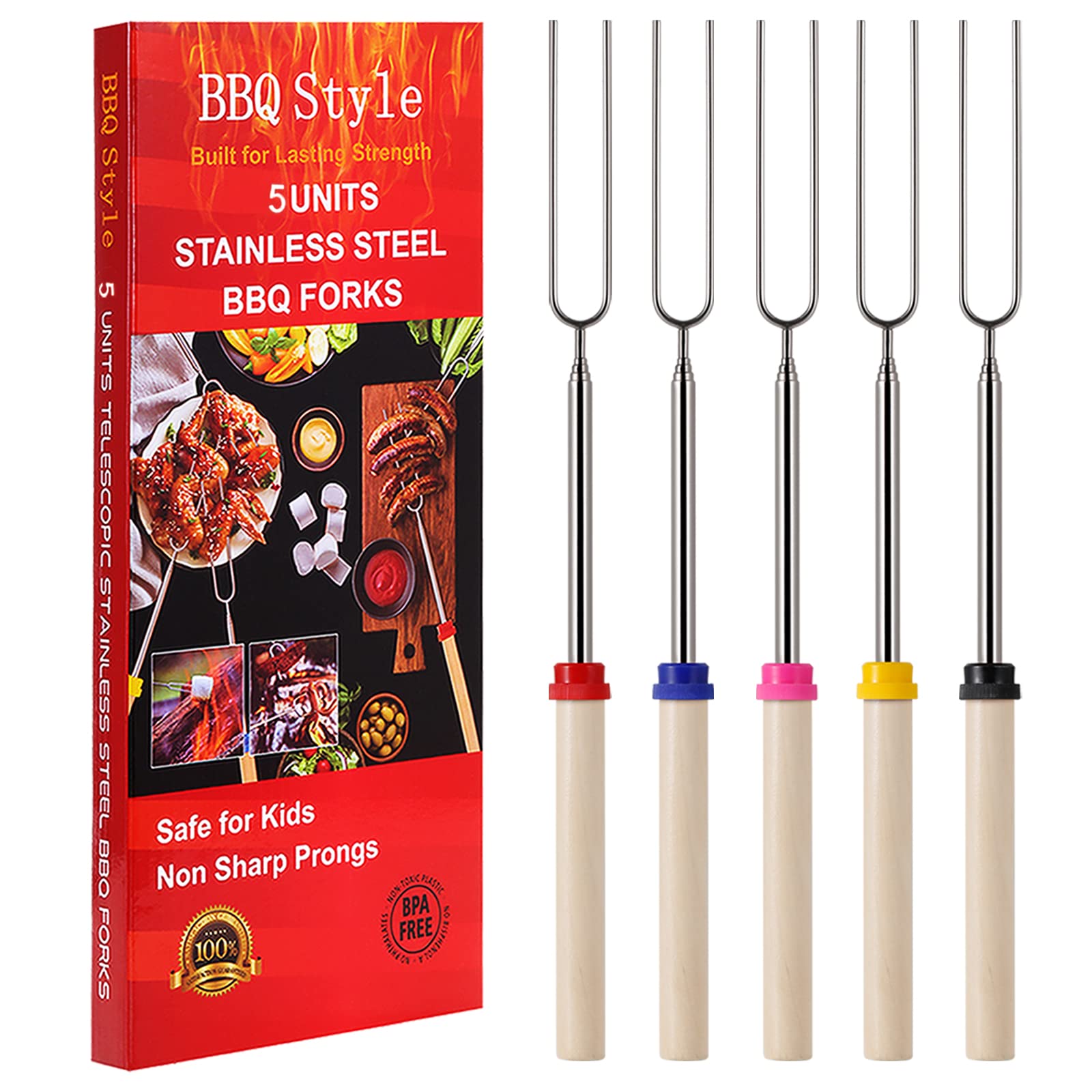 Best Telescoping Marshmallow Roasting Sticks - 32 Inch Extendable Smores Forks for Campfire, BBQ & Bonfire - 5 Pack for Outdoor Cooking, Hot Dogs & Family Gatherings