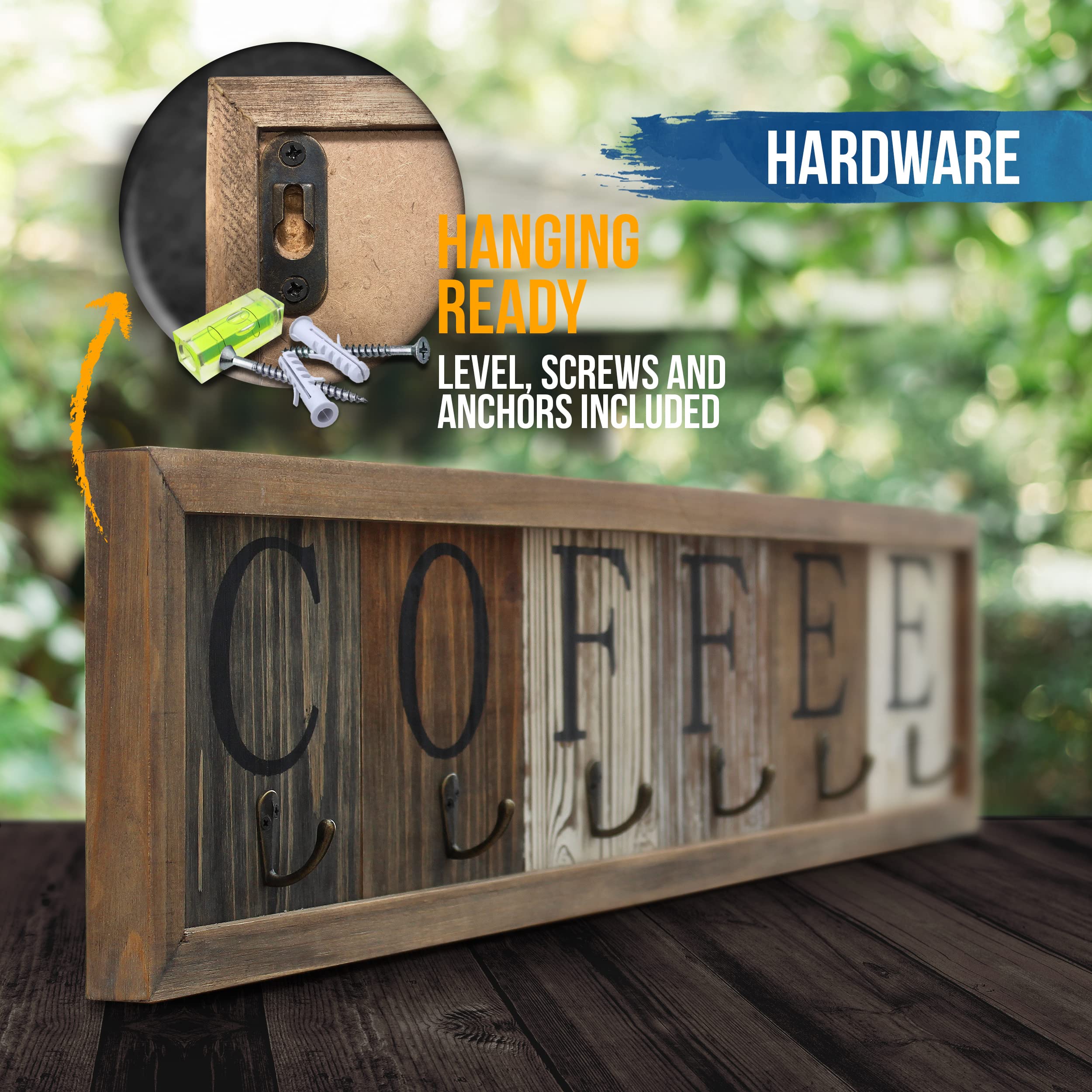Premium Solid Wood Coffee Mug Holder with 6 Cup Hooks - 31.5