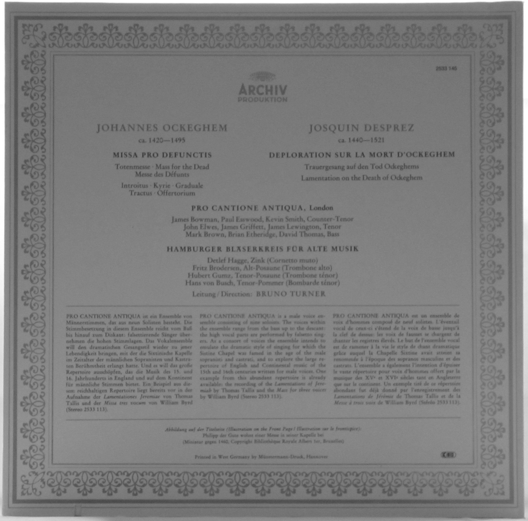 Johannes Ockeghem Missa pro defunctis & Josquin Desprez Deploration sur la mort d'Ockeghem - Pro Cantione Antiqua London - Bruno Turner Conducting - Sacred Renaissance Choral Music for Church Services & Classical Music Lovers