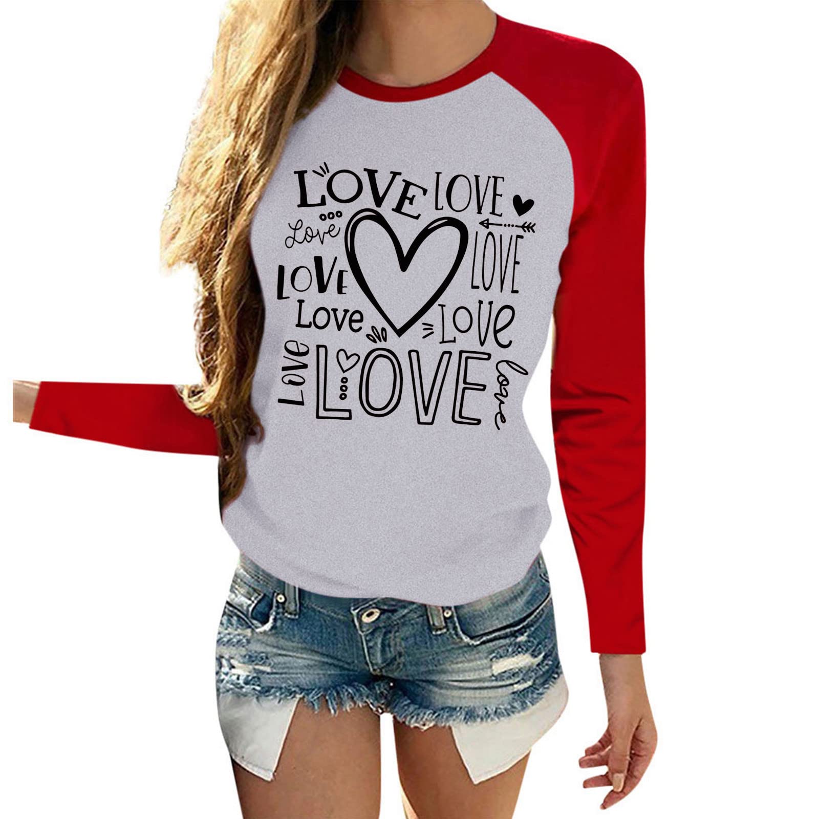 Valentine's Day Women's Long Sleeve T-Shirt with Heart & Love Letter Print - Raglan Sleeve Blouse Top for Casual Wear & Romantic Dates (Gray, XXL)