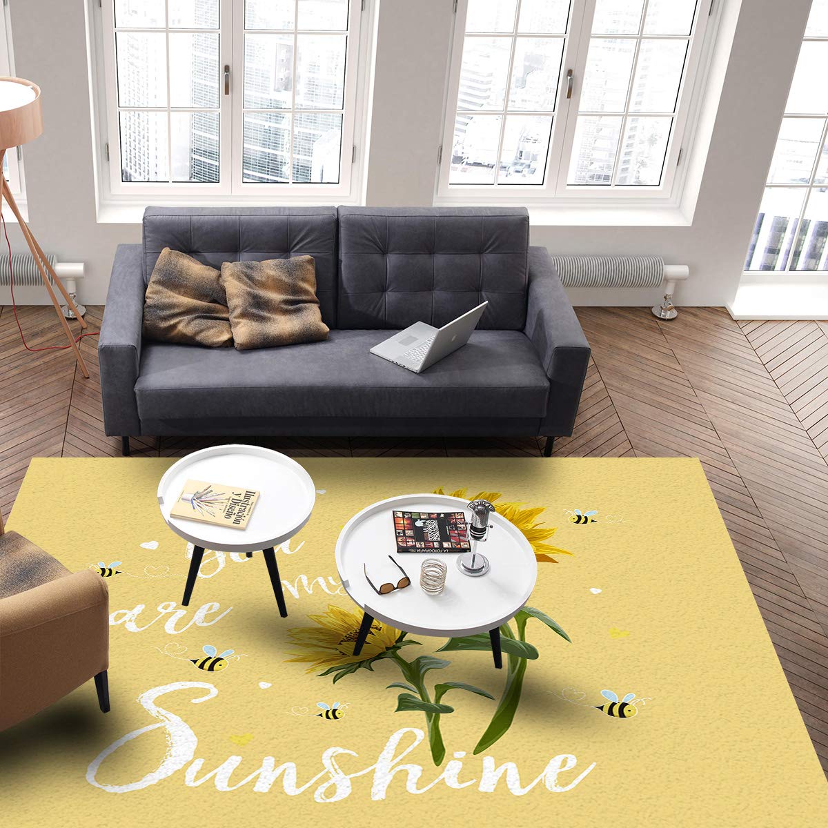 Non-Slip 2.7' x 5' Farmhouse Sunflower Bee Area Rug - Yellow Modern Throw Carpet for Living Room, Bedroom, Nursery - Cozy Home Decor & Perfect for Farmhouse, Boho or Country Style Interiors