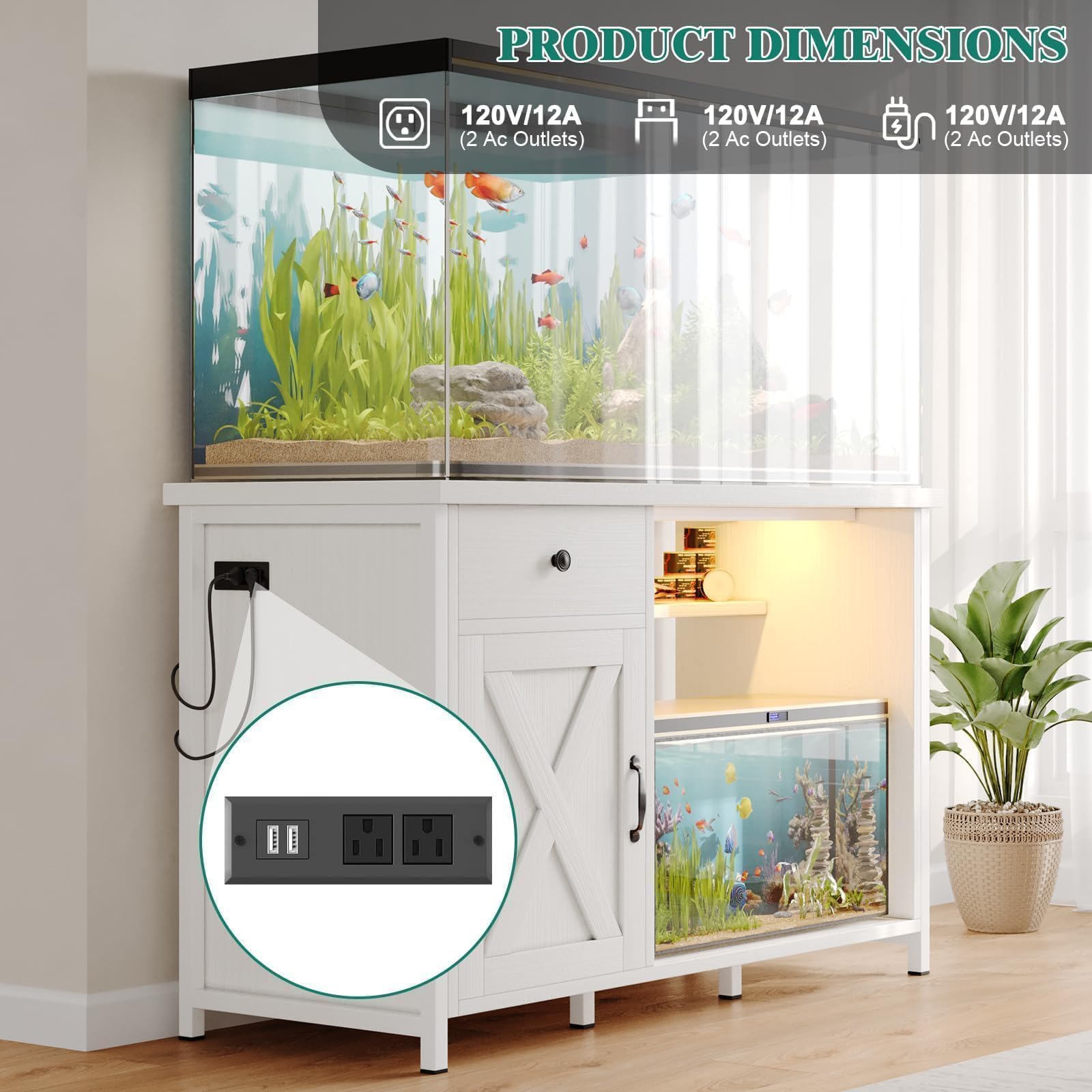 55-75 Gallon Aquarium Stand with Power Outlets & LED Light - Heavy Duty Metal Fish Tank Stand with Storage Drawer & Barn Door - White Turtle & Reptile Terrarium Cabinet - Perfect for Home, Office or Pet Store Display
