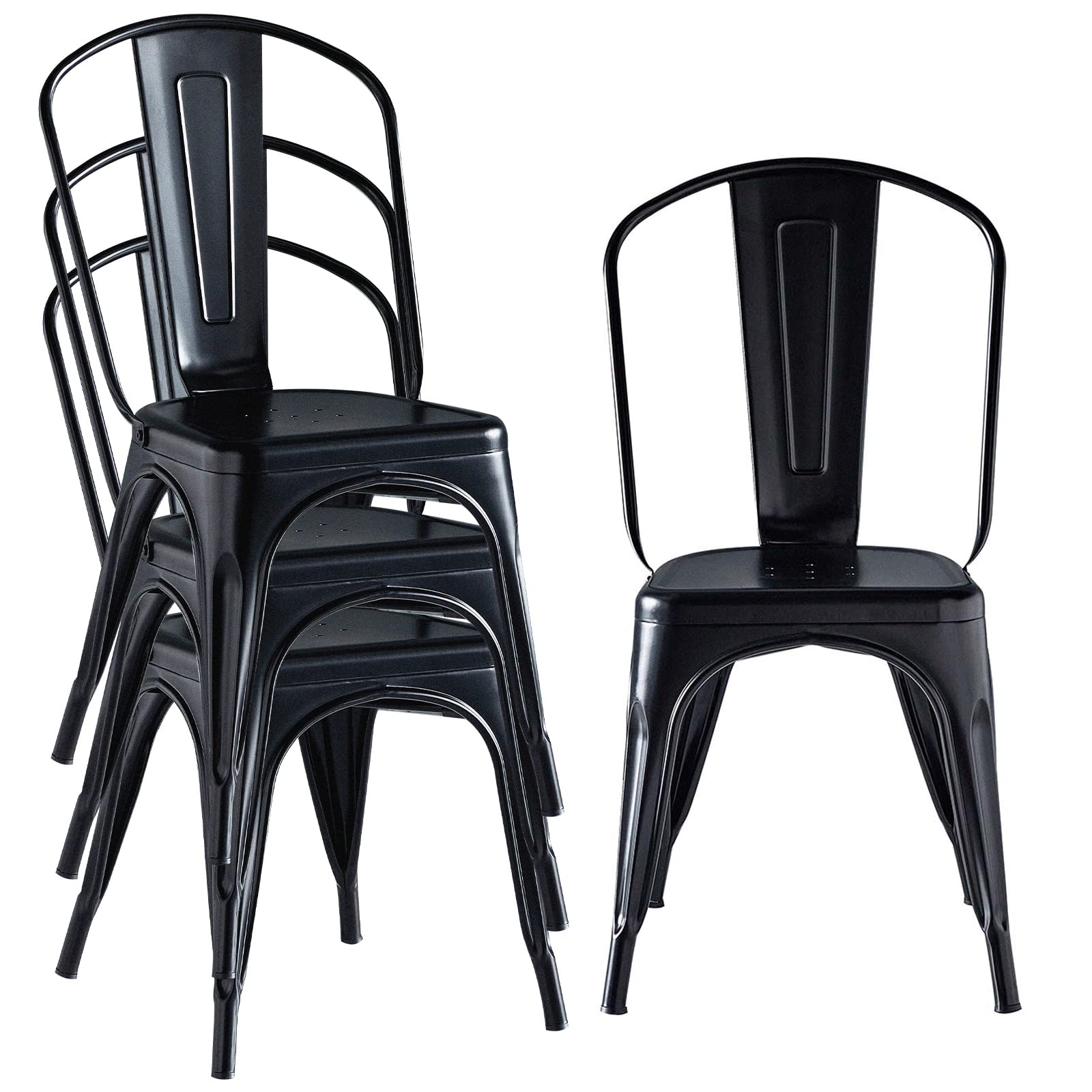 Hironpal 4-Pack Stackable Metal Dining Chairs with Detachable Backrest - Matte Black Tolix Style Chairs for Kitchen, Dining Room, Bistro & Cafe | Indoor & Outdoor Use, Commercial & Home Decor