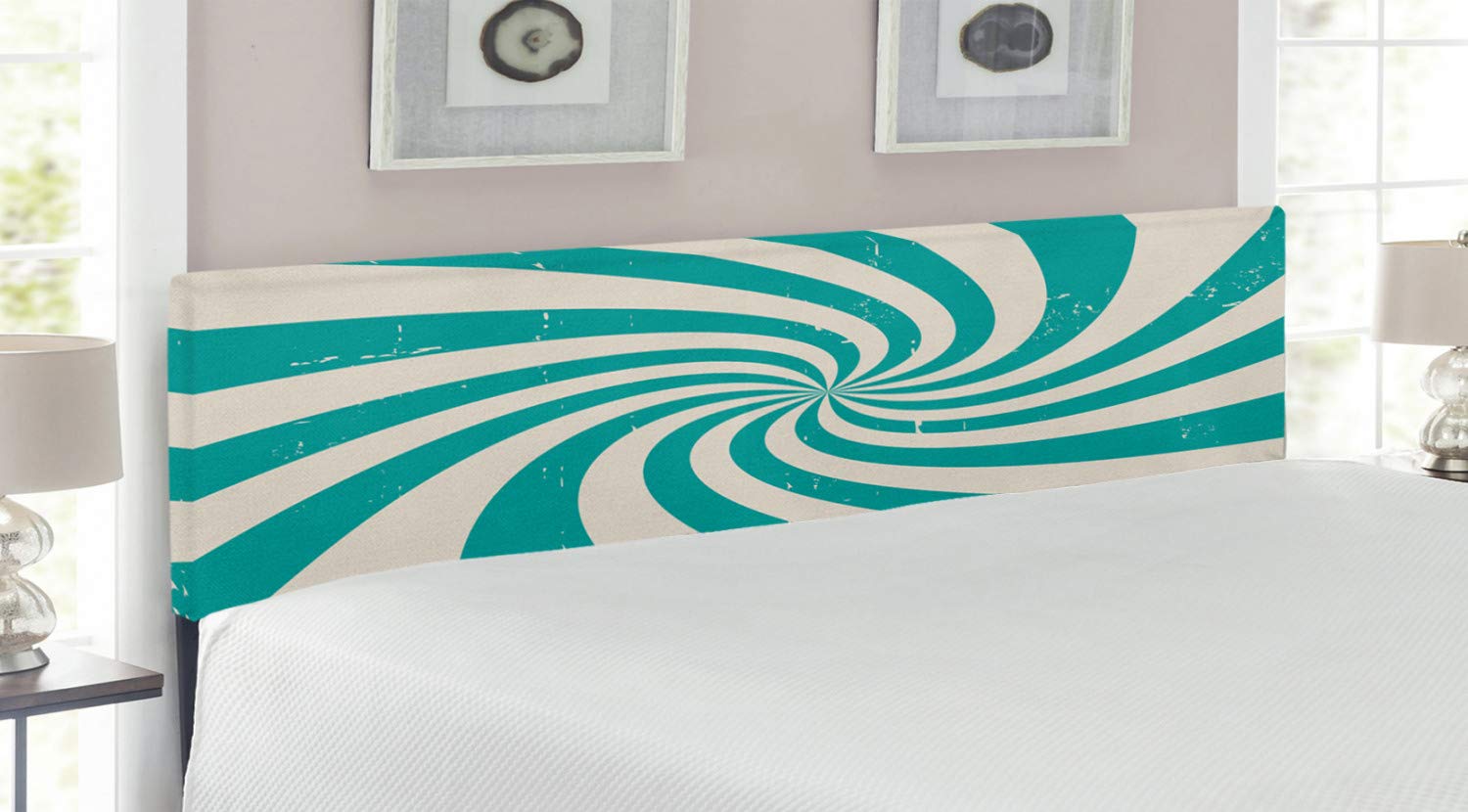 Ambesonne Retro Upholstered Headboard - Pop Art Spiral Stripes Print, Memory Foam Padding, King Size Bed Frame in Teal & Cream | Vintage Bedroom Decor for Modern & Boho Style Homes