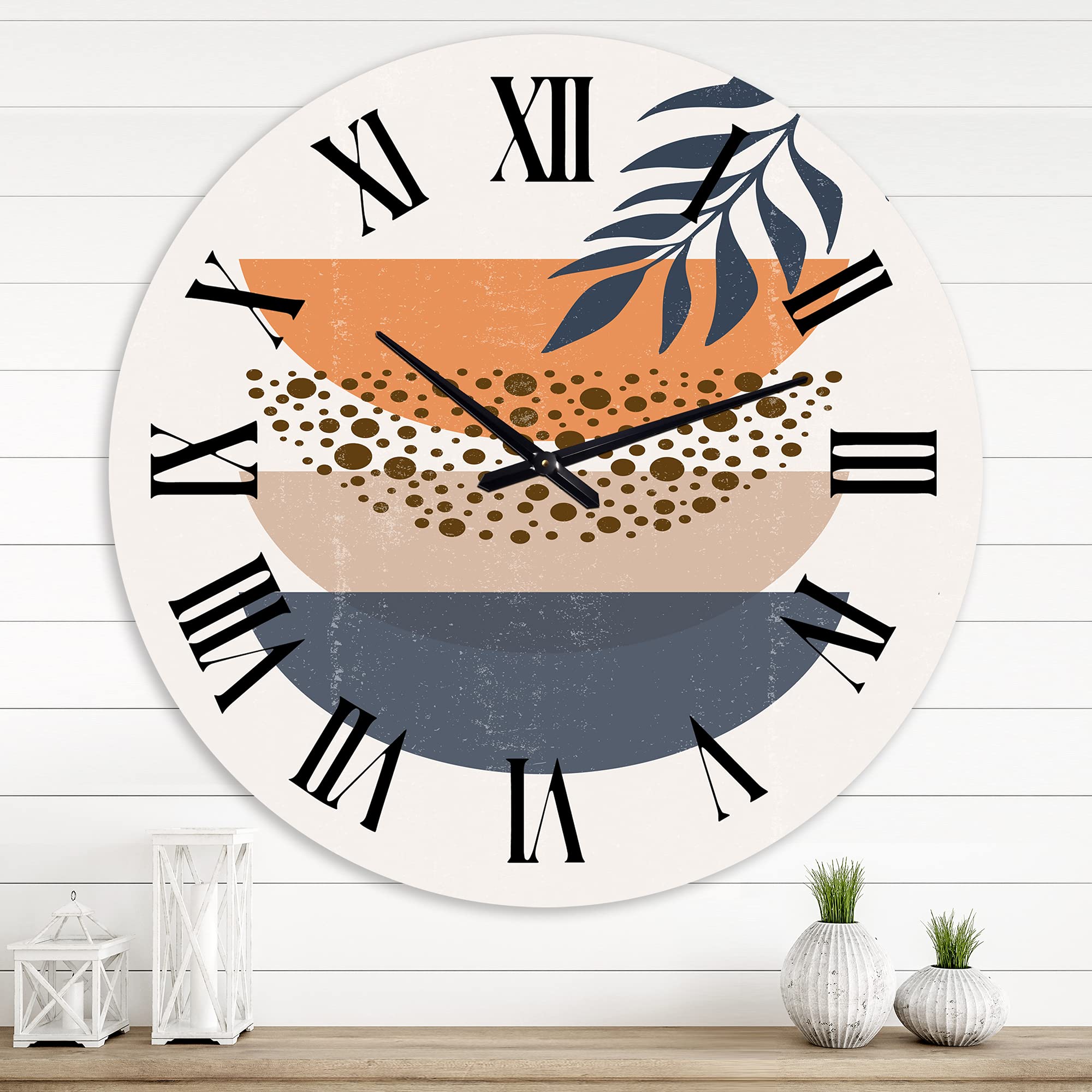 DesignQ Modern Abstract Geometric Sun and Moon Wall Clock with Leaf Pattern - Large Fractal Art Home Decor for Living Room, Bedroom & Office