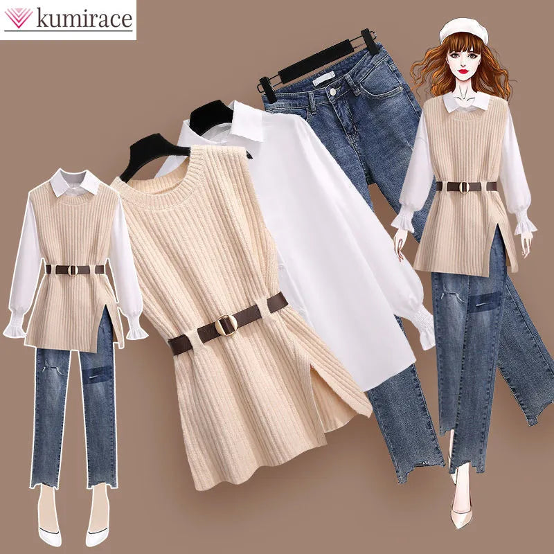 Korean Style Autumn Women's 3-Piece Outfit - Chiffon Shirt, Knitted Sweater & Jeans Set, Elegant Tracksuit for Casual Wear | Office, Dating & Fall Fashion