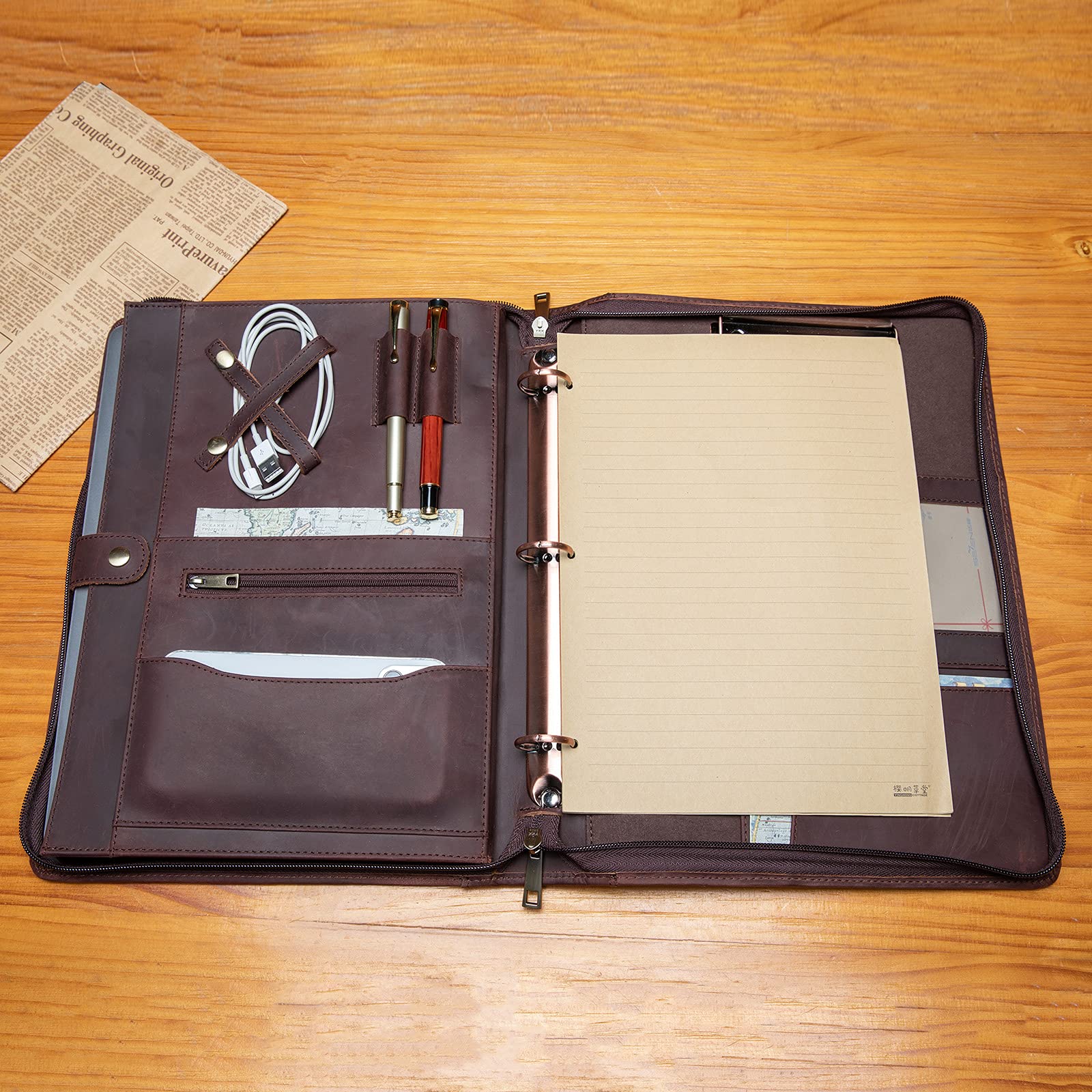 YIWEN Handmade Genuine Leather Portfolio - Zippered Business Organizer with 3-Ring Binder & Tablet Pocket | Professional Resume Folder & Notebook Organizer (Dark Brown, Custom Engraved) | Perfect for Office Meetings, Job Interviews & Corporate Gifts