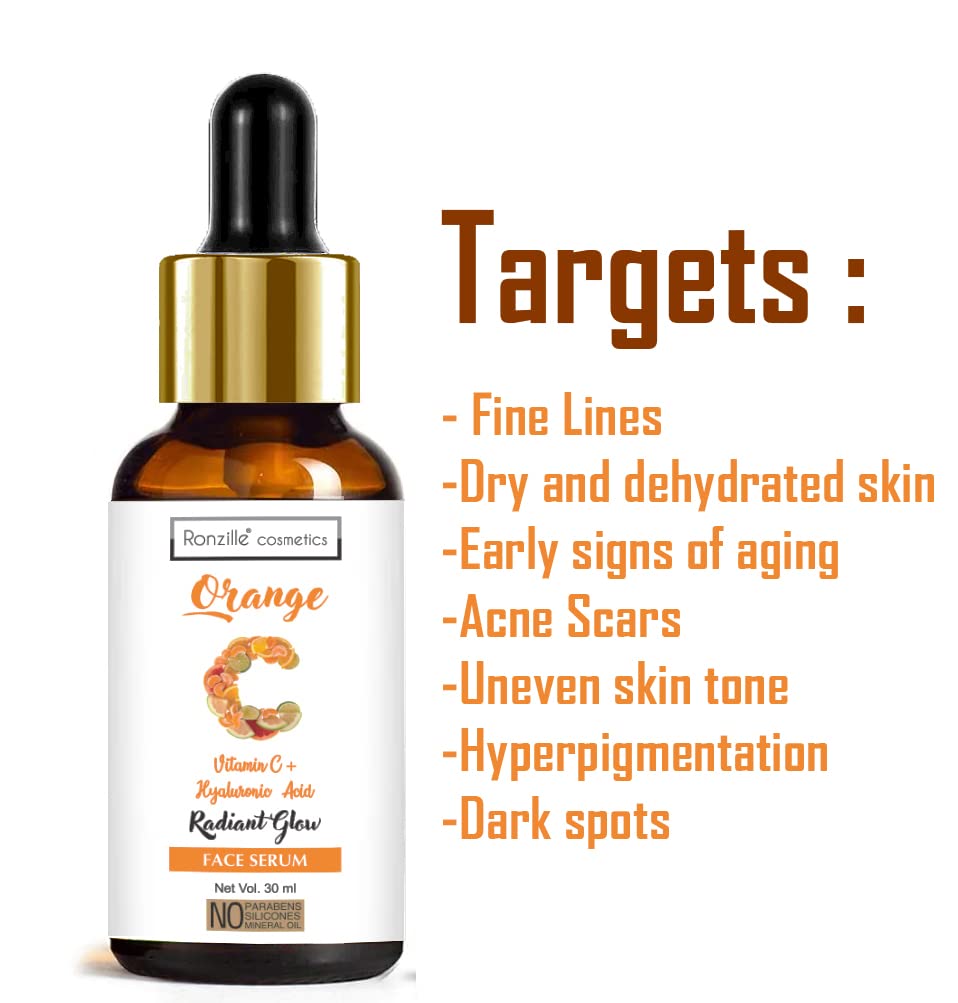 Ronzille Vitamin C + Hyaluronic Acid Face Serum for Brightening & Hydration - 30ml | Anti-Aging, Dark Spot Treatment & Glowing Skin Care | Day & Night Use for All Skin Types