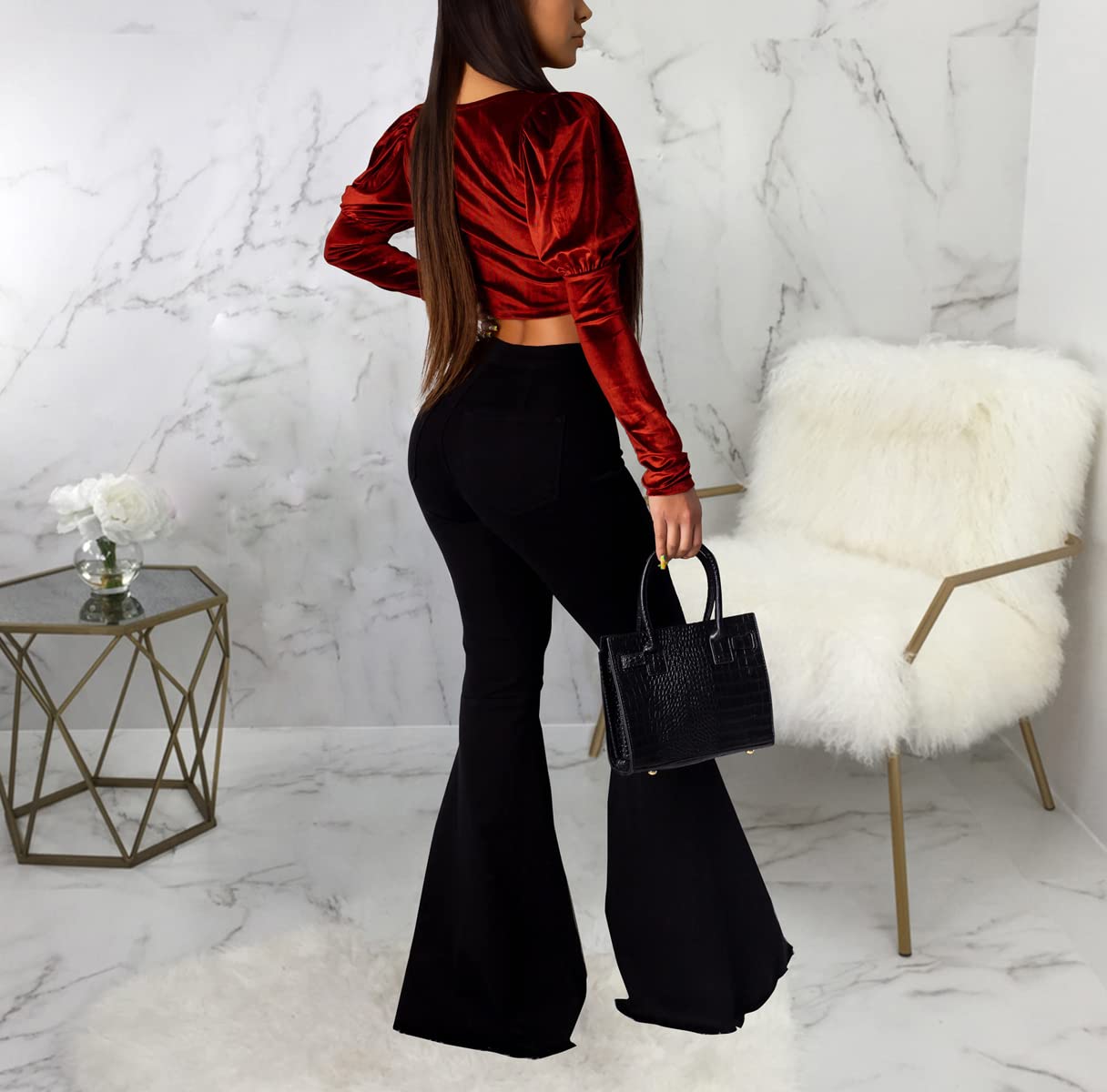 Women's Skinny Ripped Bell Bottom Jeans - High Waisted Flared Pants for Casual & Retro Style | Perfect for 70s Vintage Outfits, Date Nights & Music Festivals