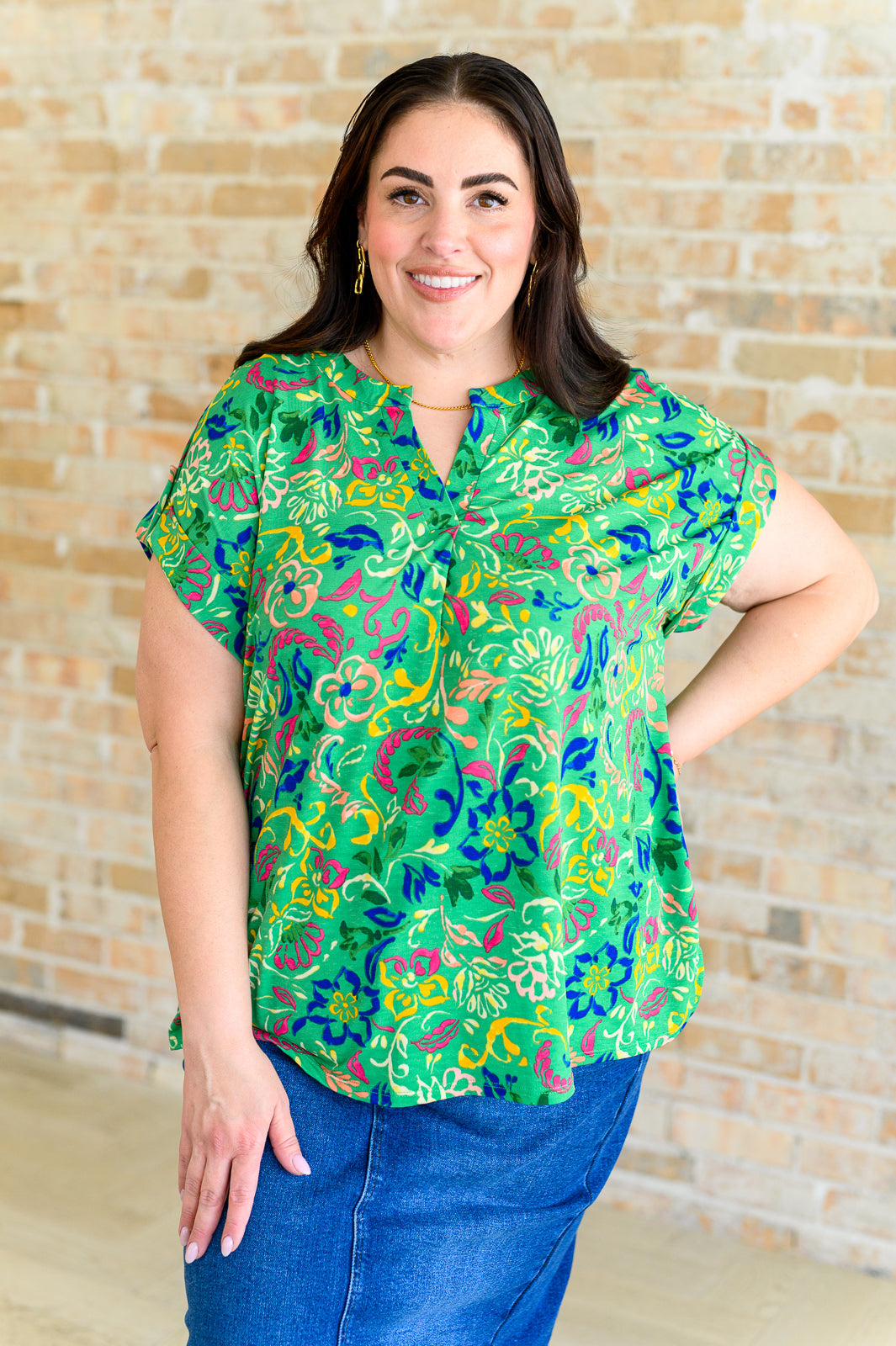 Lizzy Cap Sleeve Floral Blouse - Green & Royal Blue Watercolor Print Women's Tops | Casual Wear, Office Outfits & Summer Fashion