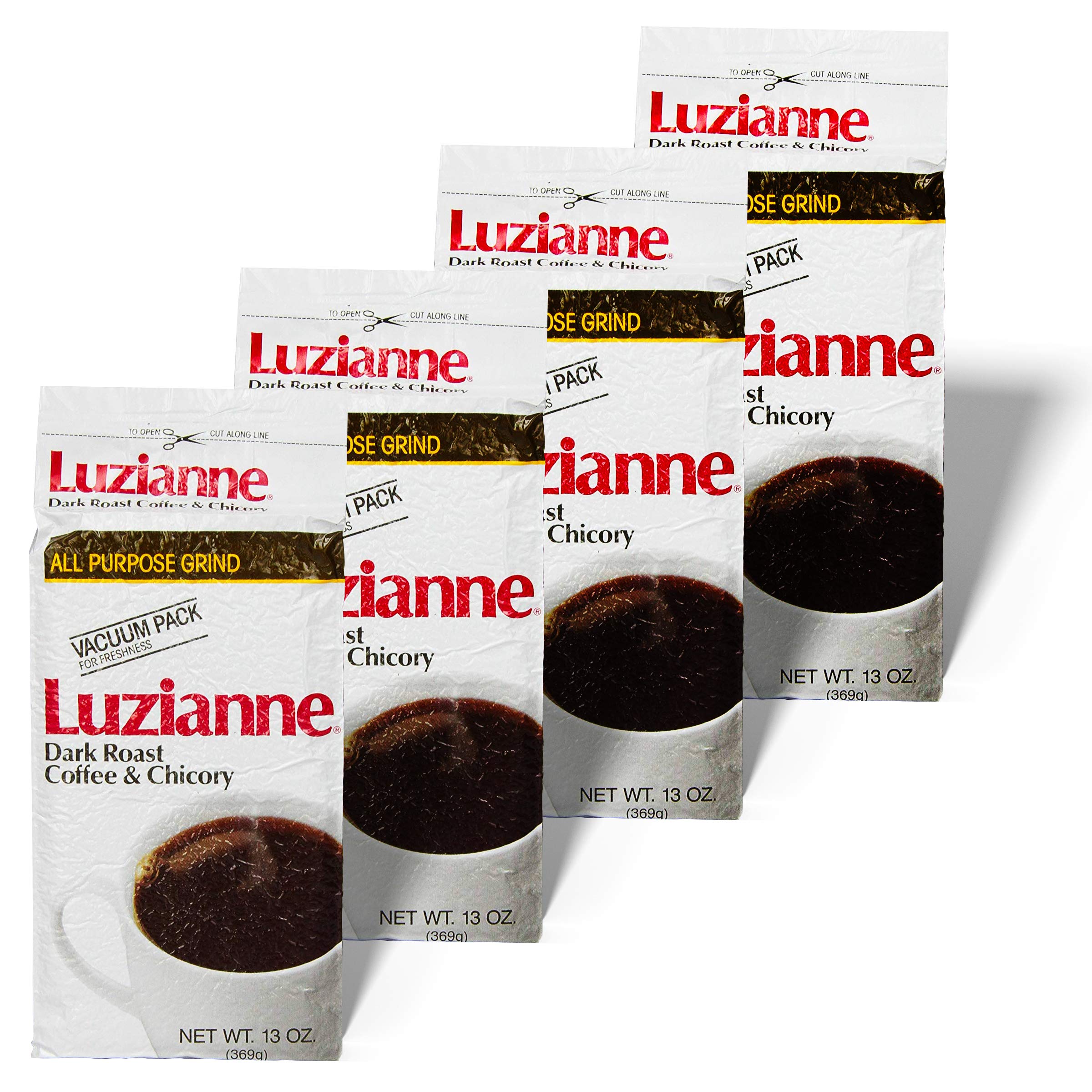 Luzianne Dark Roast Coffee with Chicory - 13oz Bag (Pack of 4) | Rich Bold Flavor for French Press, Drip Coffee Makers & Cold Brew | Premium Ground Coffee for Home or Office