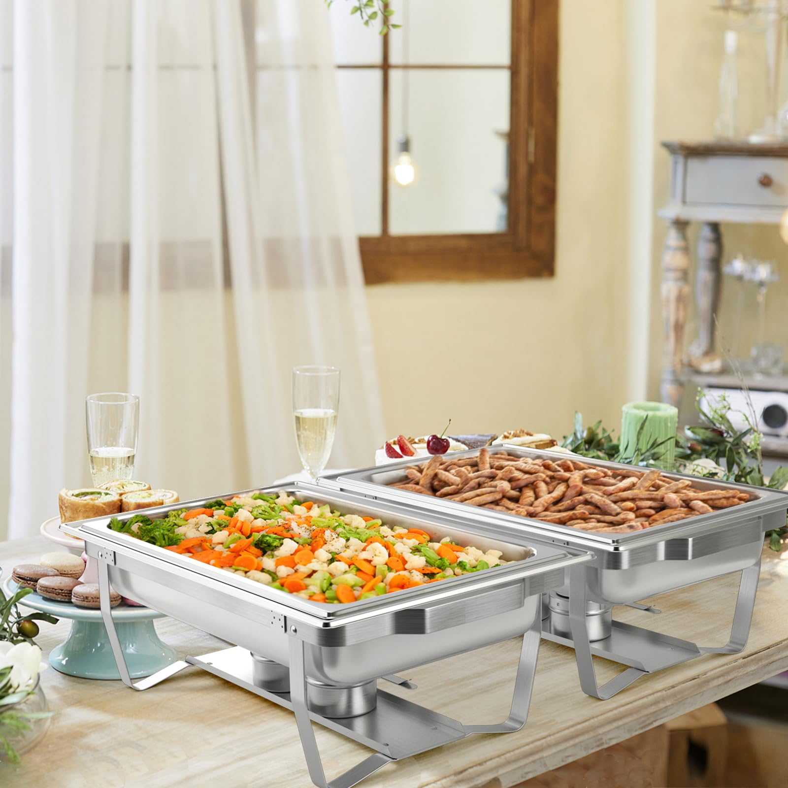 Giantex 2-Pack 9 Qt Stainless Steel Chafing Dishes for Buffet – Full Size Food Pan, Water Pan, Fuel Holders, Removable Lid & Foldable Frame Stand – Professional Warming Trays for Catering, Parties, Weddings & Events