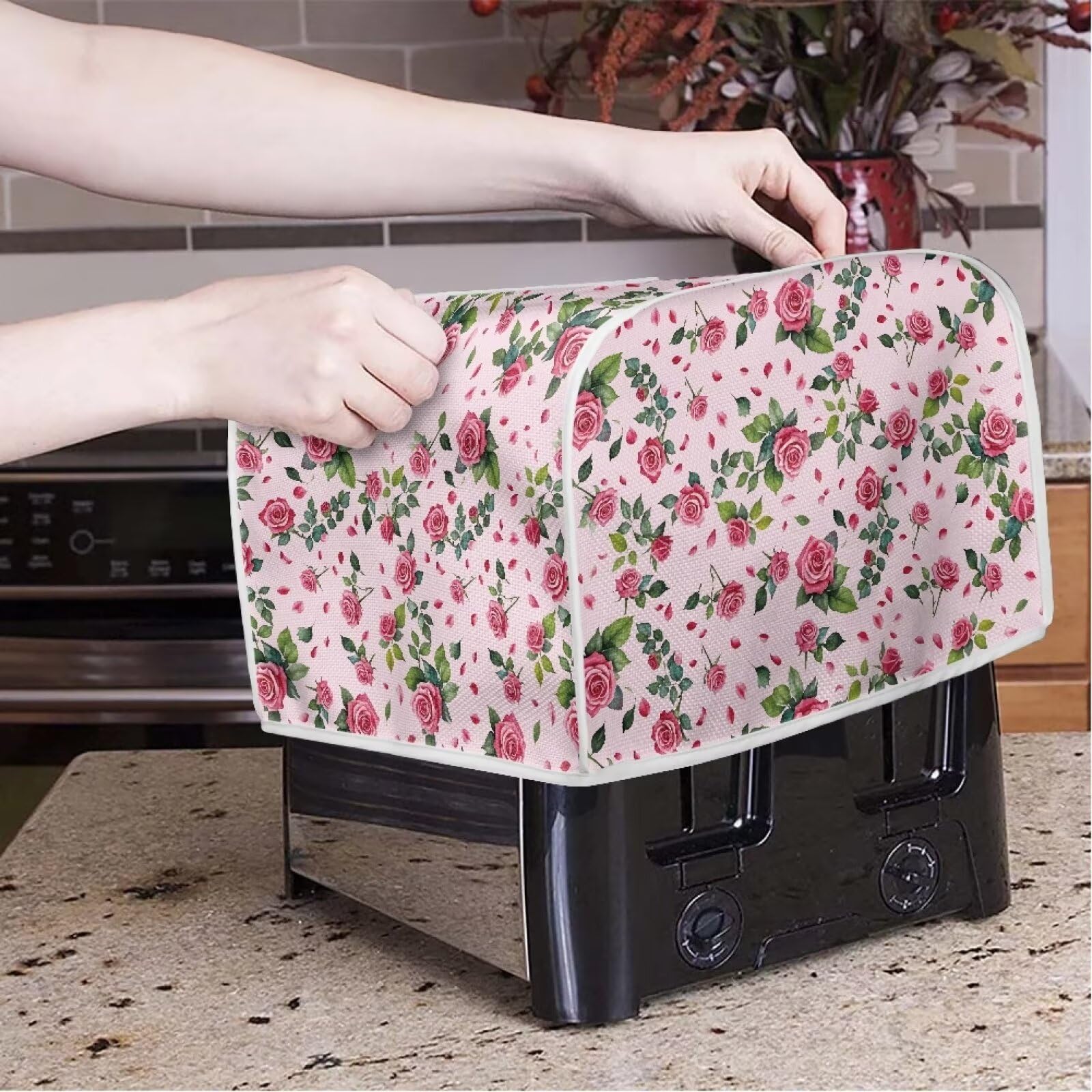Xoenoiee Pink Rose Floral Print Toaster Cover & Bread Maker Cover - 4 Slice Kitchen Appliance Protector for Microwave, Toaster Oven - Valentine's Day Kitchen Accessories for Home Decor & Gift Giving