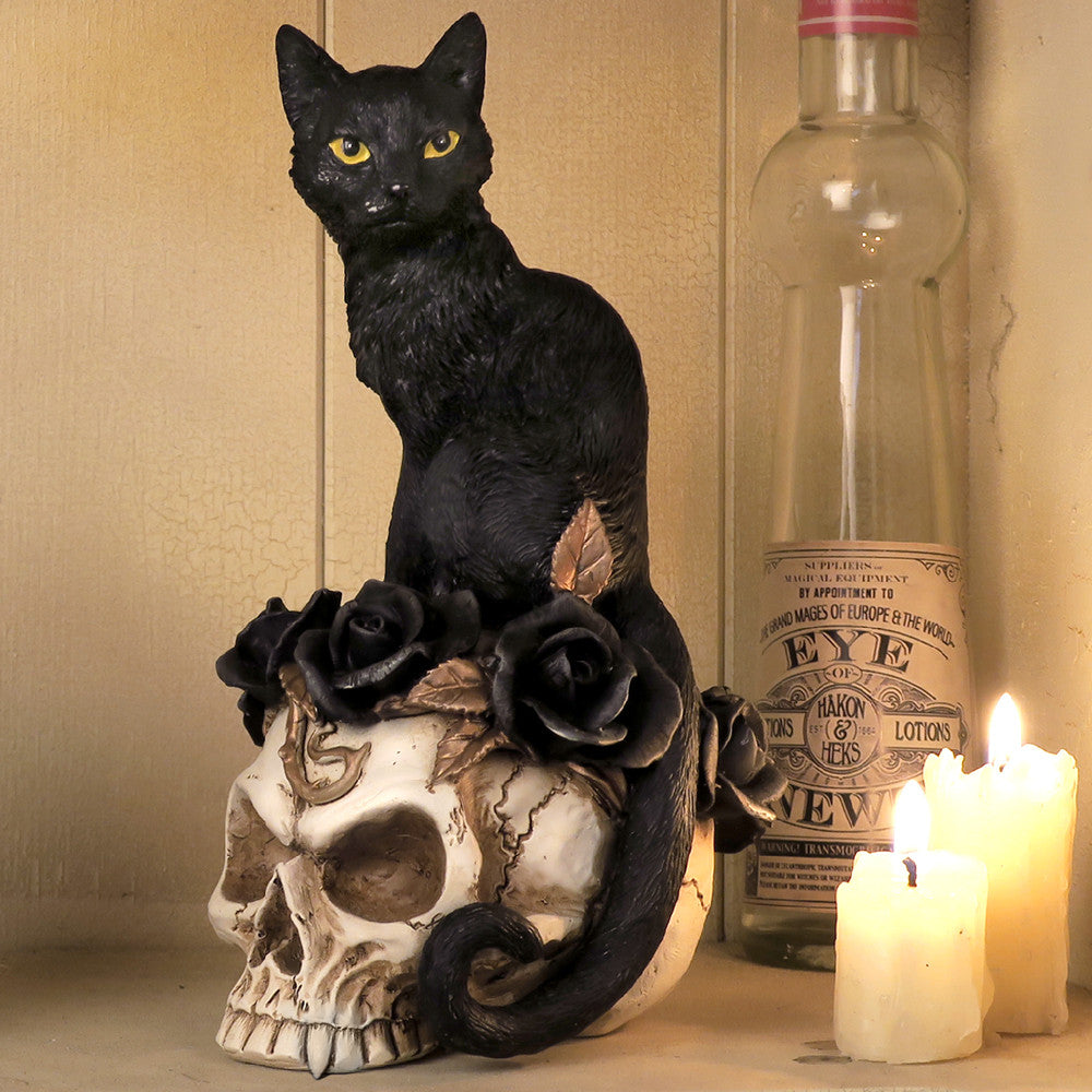 Gothic Black Cat Roses and Skull Statue - Unique Home Decor for Halloween, Gothic Room & Dark Aesthetic Lovers