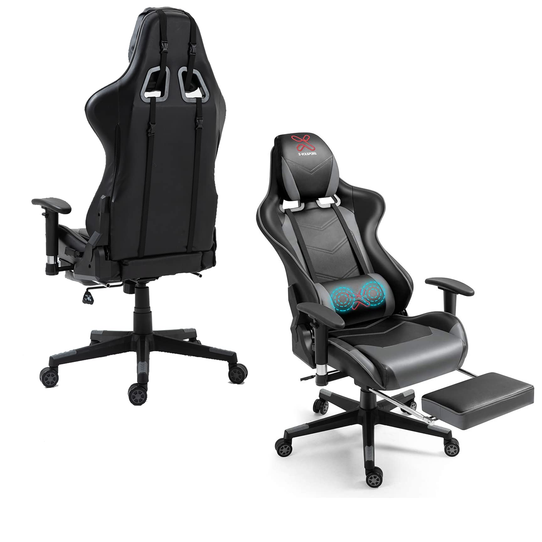 WQSLHX Ergonomic Gaming Chair with Massage & Footrest - Swivel Reclining Computer Chair with Adjustable Height & Armrests - Racing Style Office/Gamer Chair for Adults (Gray) - Perfect for Esports, Streaming & Long Work Sessions