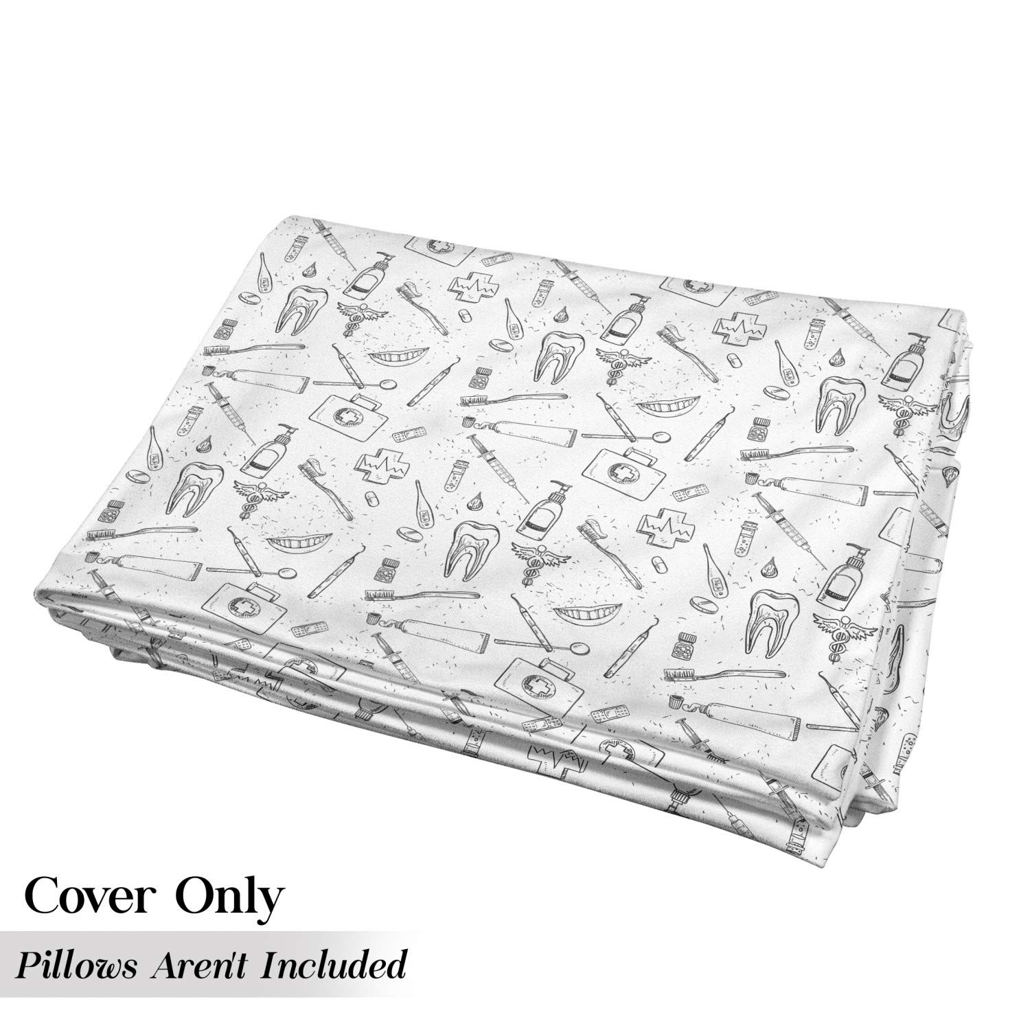 Ambesonne Hipster Floor Pillow Cover - Hand Drawn Dental Hygiene Themed Design, Black & White Printed Fabric Case for 5 Pillows (88