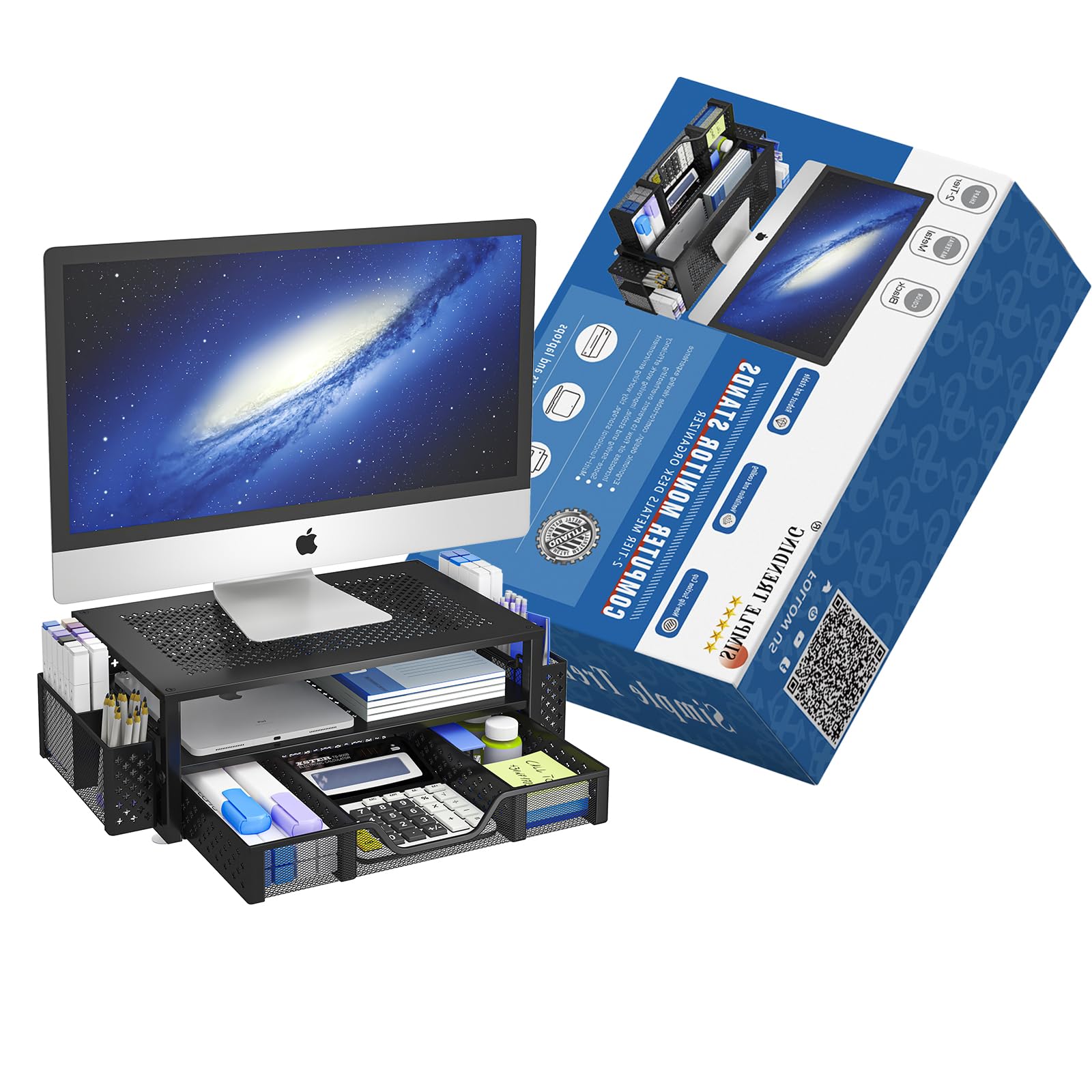 2-Tier Metal Monitor Stand & Desk Organizer with Drawer - Black | Ergonomic Riser for Laptop, Computer, iMac | Perfect for Home Office, Gaming Setup & Workspace Organization