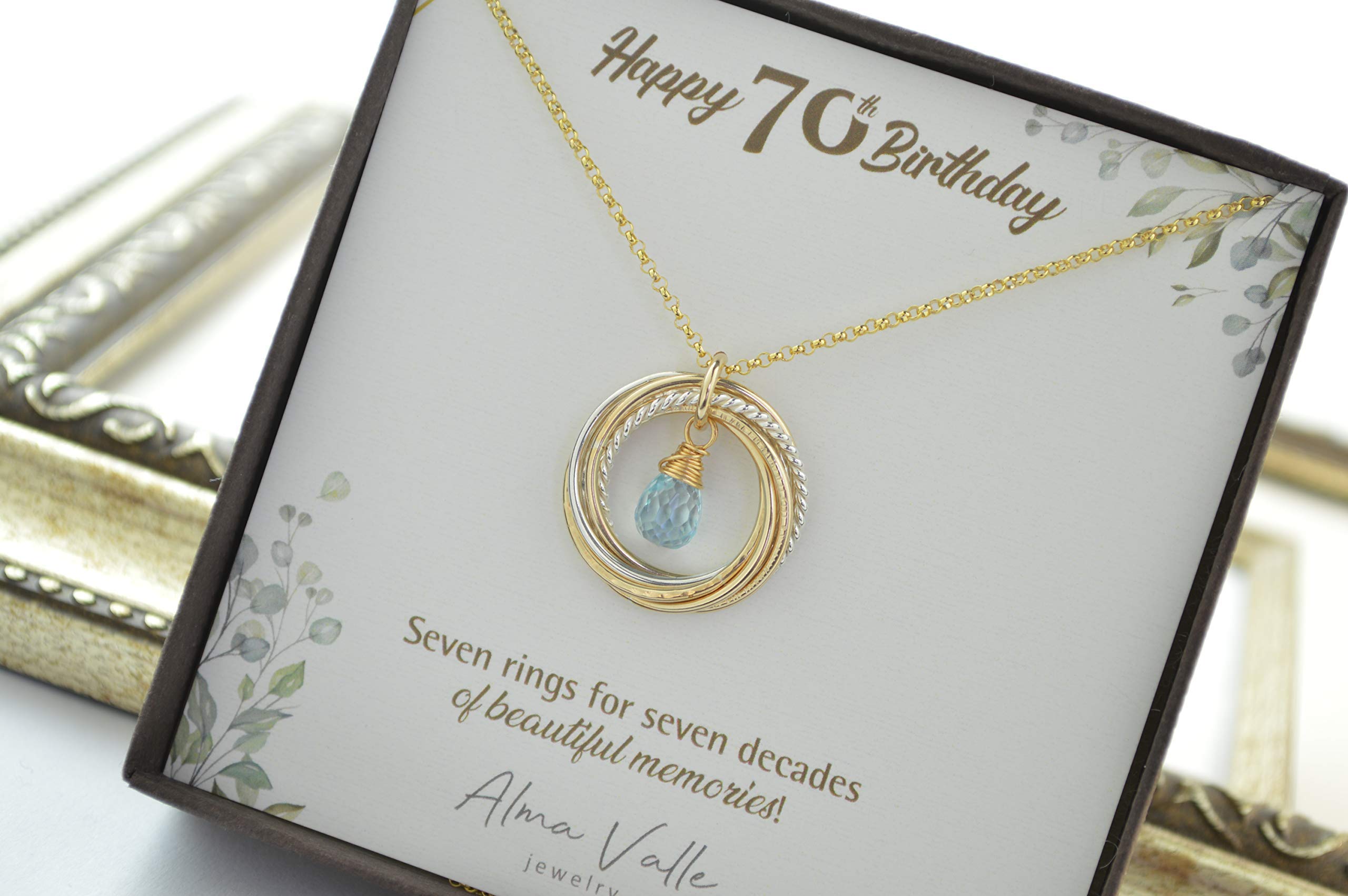 70th Birthday Gifts for Women - Blue Topaz Birthstone Necklace Jewelry with 7 Rings for 7 Decades | Perfect Mother's Day, Anniversary & Milestone Celebration Present