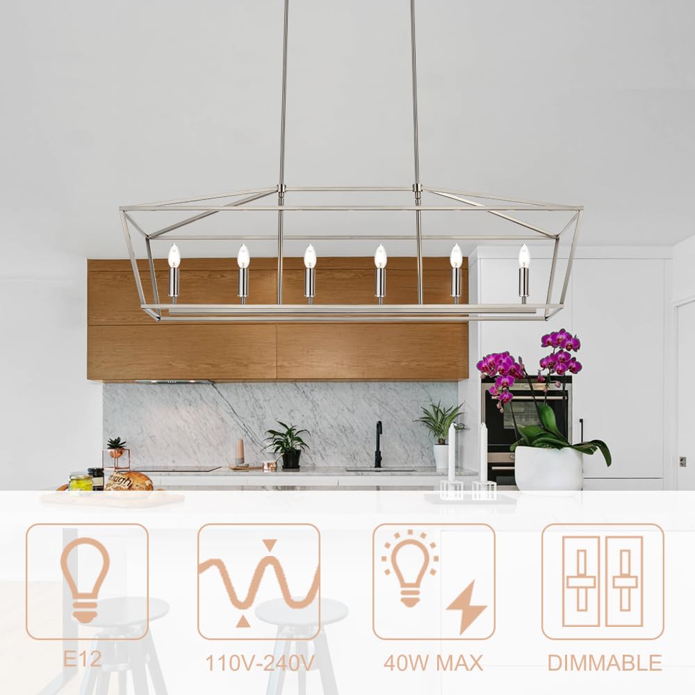 6-Lights Kitchen Island Pendant Lighting Fixture - Brushed Nickel Farmhouse Linear Chandelier with E12 Bulb Base - Perfect for Dining Room, Living Room, Pool Table and Modern Home Decor