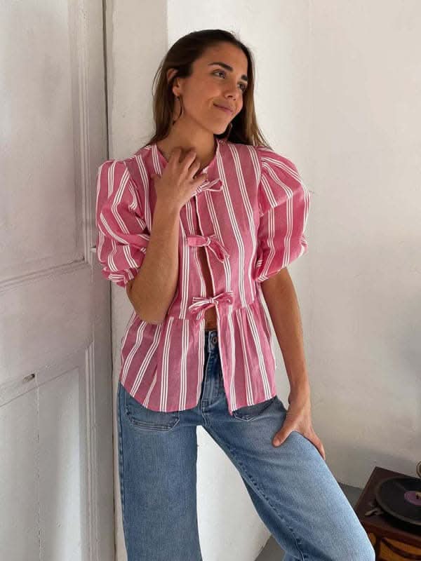 Stylish Striped Lace Mid-Sleeve Blouse for Women - Elegant Casual & Office Wear - Perfect for Spring & Summer Outfits