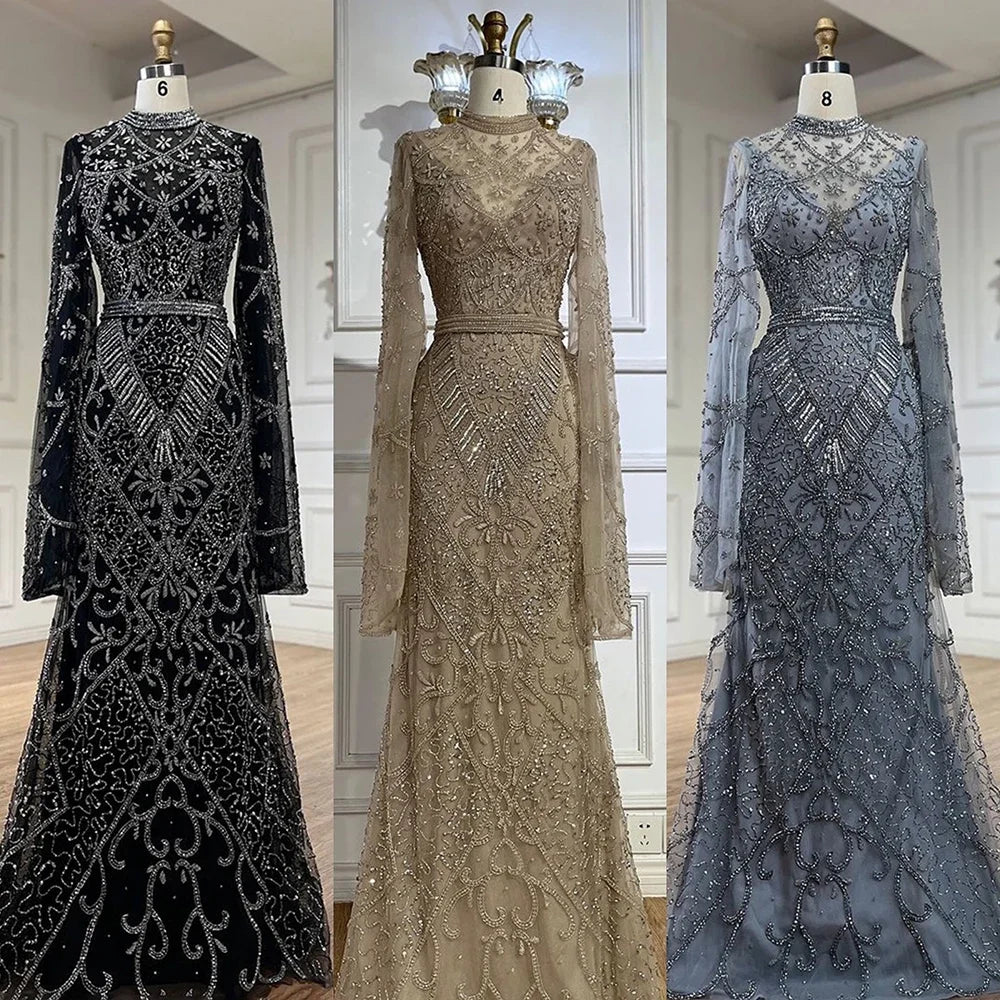 Luxury Dubai Muslim Mermaid Evening Dress with Elegant Bell Sleeves & Beaded Details - Formal Gowns for Weddings, Parties & Special Occasions | LA72316A