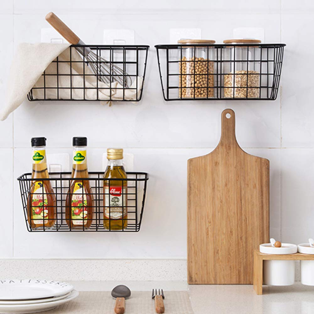 3-Pack Metal Wire Storage Baskets - Wall Mounted Organizer Bins for Kitchen, Bathroom, Pantry & Closet - Space Saving Storage Solution for Home, Office, Laundry Room & Garage Organization