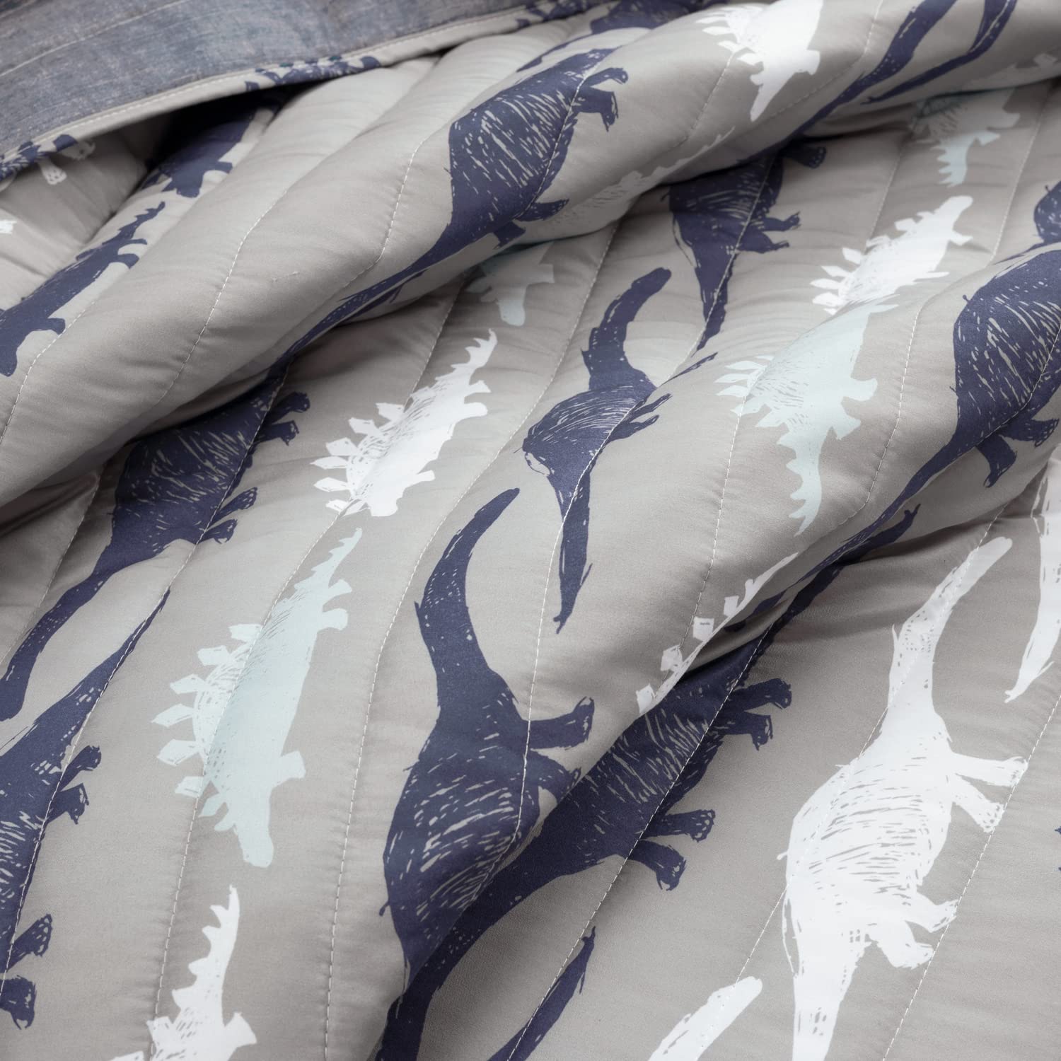 Lush Decor Stone Age Dinosaur Quilt Set - 3 Piece Reversible Kids Bedding (Full/Queen Size) in Navy, Gray & Toddler Blue - Perfect for Boys' Bedrooms, Nursery Decor & Dinosaur Theme Rooms