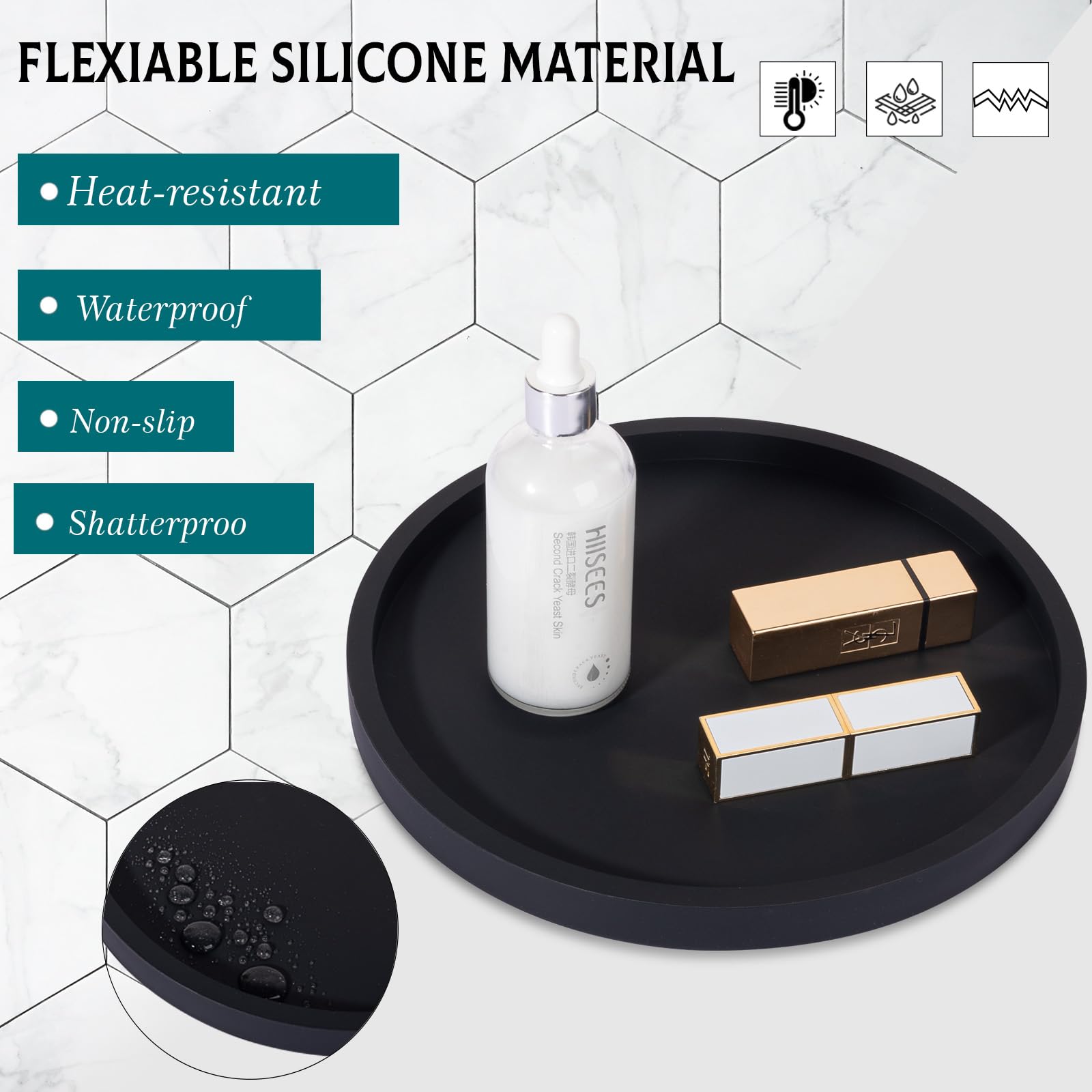 Black 9 Inch Round Silicone Bathroom Tray - Decorative Vanity Organizer for Soap, Candle, Perfume & Plants | Perfect for Bathroom Counter, Kitchen, Coffee Table & Home Decor