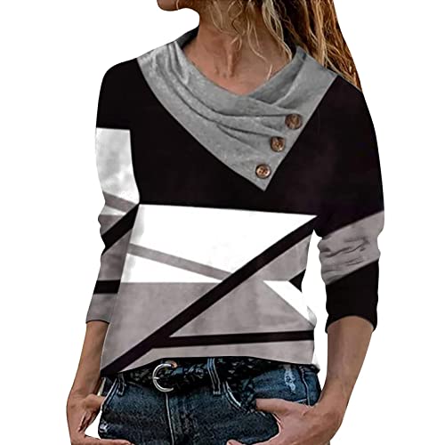 Women's Long Sleeve Cross Collar V-Neck Geometric Print Button-Up Blouse - Casual Comfortable Pullover Top for Work & Everyday Wear (Black, Small) - Perfect for Office, Dating & Weekend Outfits