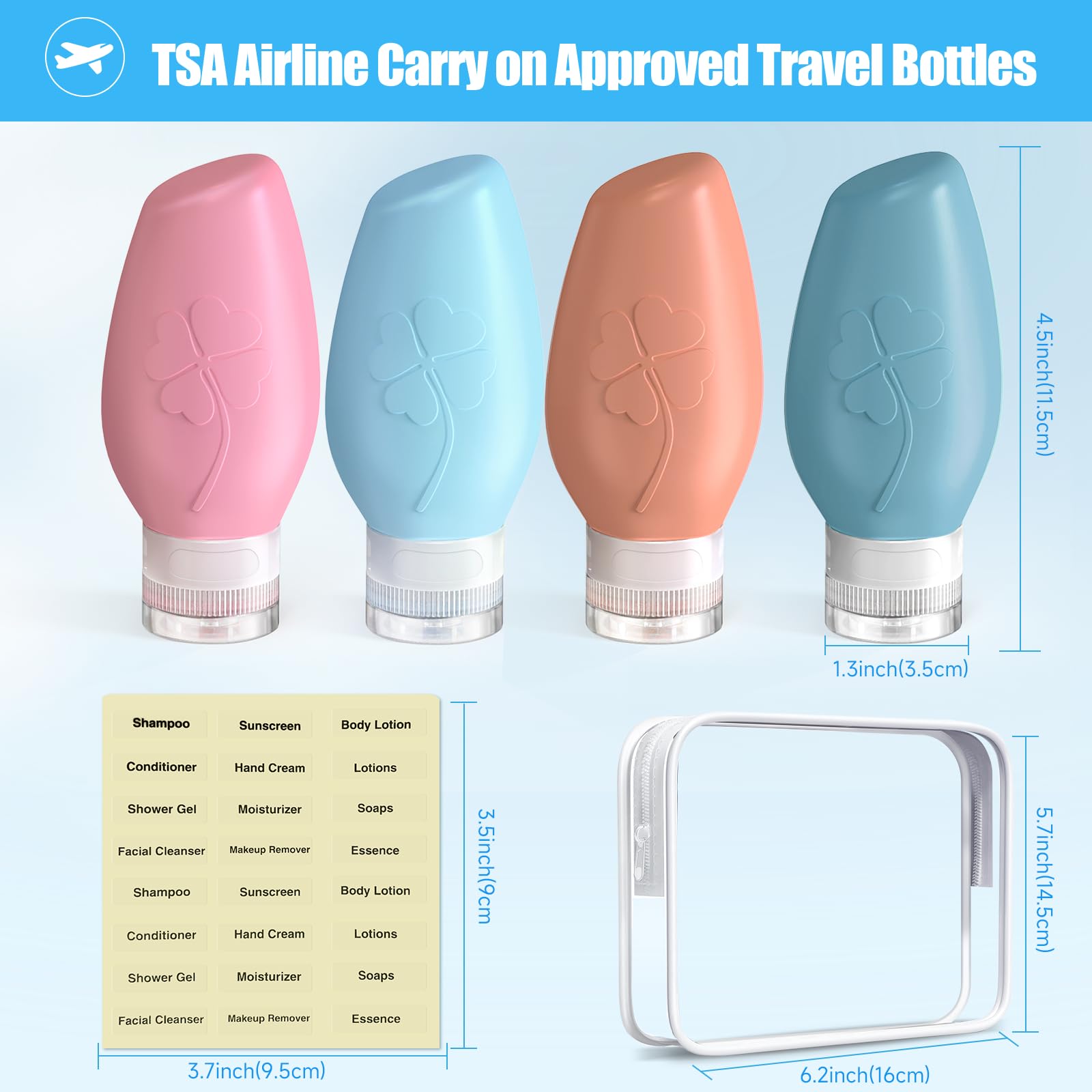 BPA Free 3oz (4 Pack) Leak Proof Silicone Travel Bottles for Toiletries - Squeezable TSA Approved Containers for Shampoo, Lotion & Cosmetics | Perfect Travel Essentials for Women, Men & Carry-On Luggage | Ideal for Airplane Trips, Gym Bags & Vacation Packing