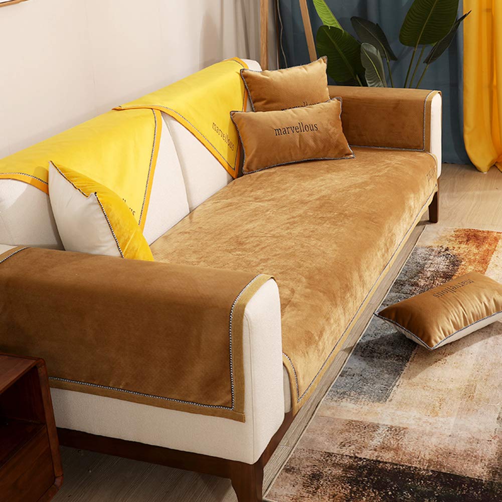 Soft Plush Sofa Slipcover - 90x210cm (35x83in) Stretchable Couch Cover with Anti-Slip Design for 1-4 Cushions, Furniture Protector in Brown | Perfect for Living Room, Family Room & Pet-Friendly Homes