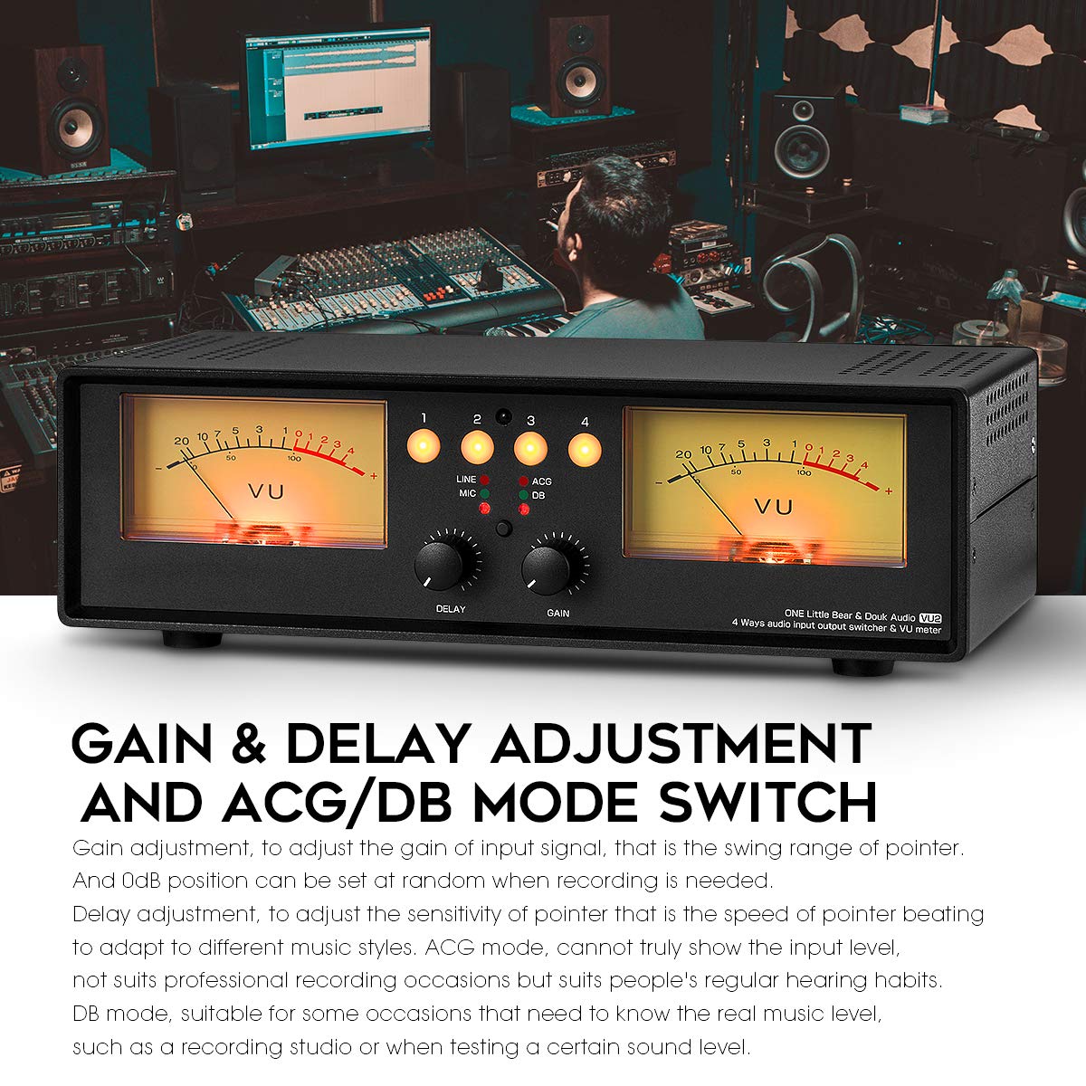 Douk Audio VU2 Dual VU Meter - Analog Sound Level Indicator with 4-Way Splitter Switch for MIC & Line Input - Audio Switcher Box for Speaker, Amplifier, Preamp (Light Version) - Perfect for Home Studios, DJ Setups & Live Sound Systems