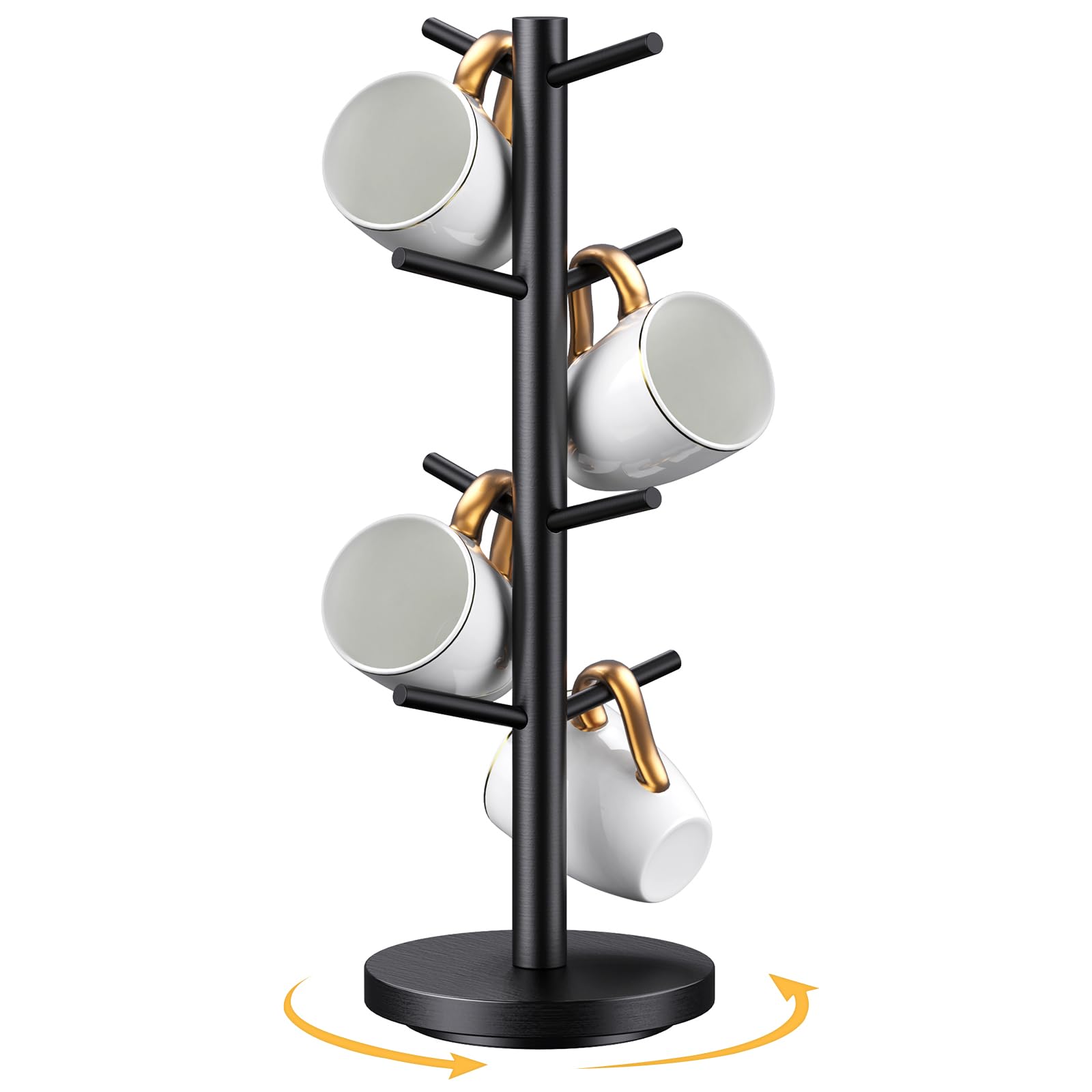Upgraded 360° Rotating Coffee Mug Holder Tree with 8 Hooks - Wooden Countertop Cup Organizer Rack for Coffee Bar & Kitchen - Perfect for Home, Office or Cafe Mug Display & Storage (Black)