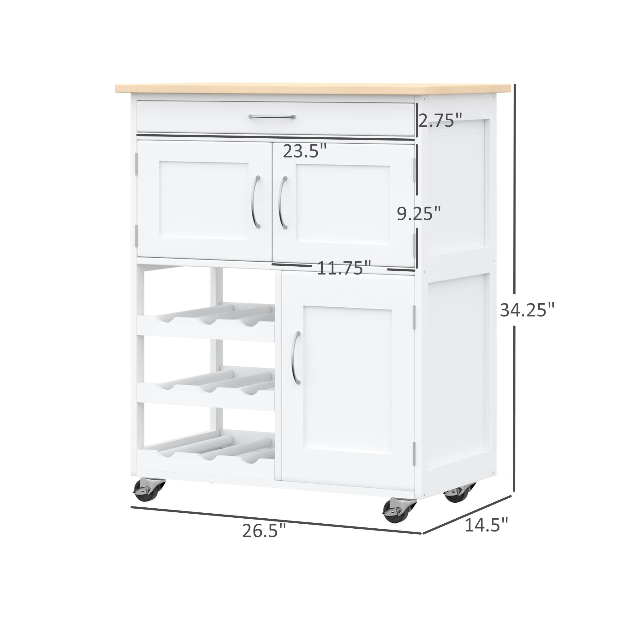 HOMCOM White Rolling Kitchen Island Cart with 9-Bottle Wine Rack, Wide Storage Drawer & Wooden Countertop - Mobile Bar Cart for Small Spaces, Kitchen Storage Solution for Apartments, Dorms & Entertaining