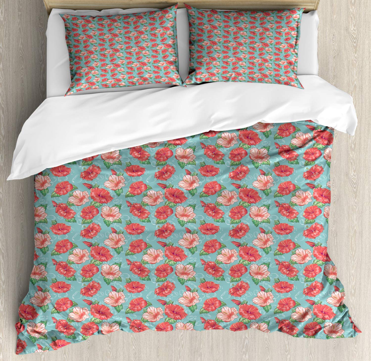 Ambesonne Hibiscus Duvet Cover Set - Tropical Flowers & Bubbles Design, 3 Piece King Size Bedding with 2 Pillow Shams in Teal Coral | Perfect for Beach House, Boho Bedroom & Summer Home Decor