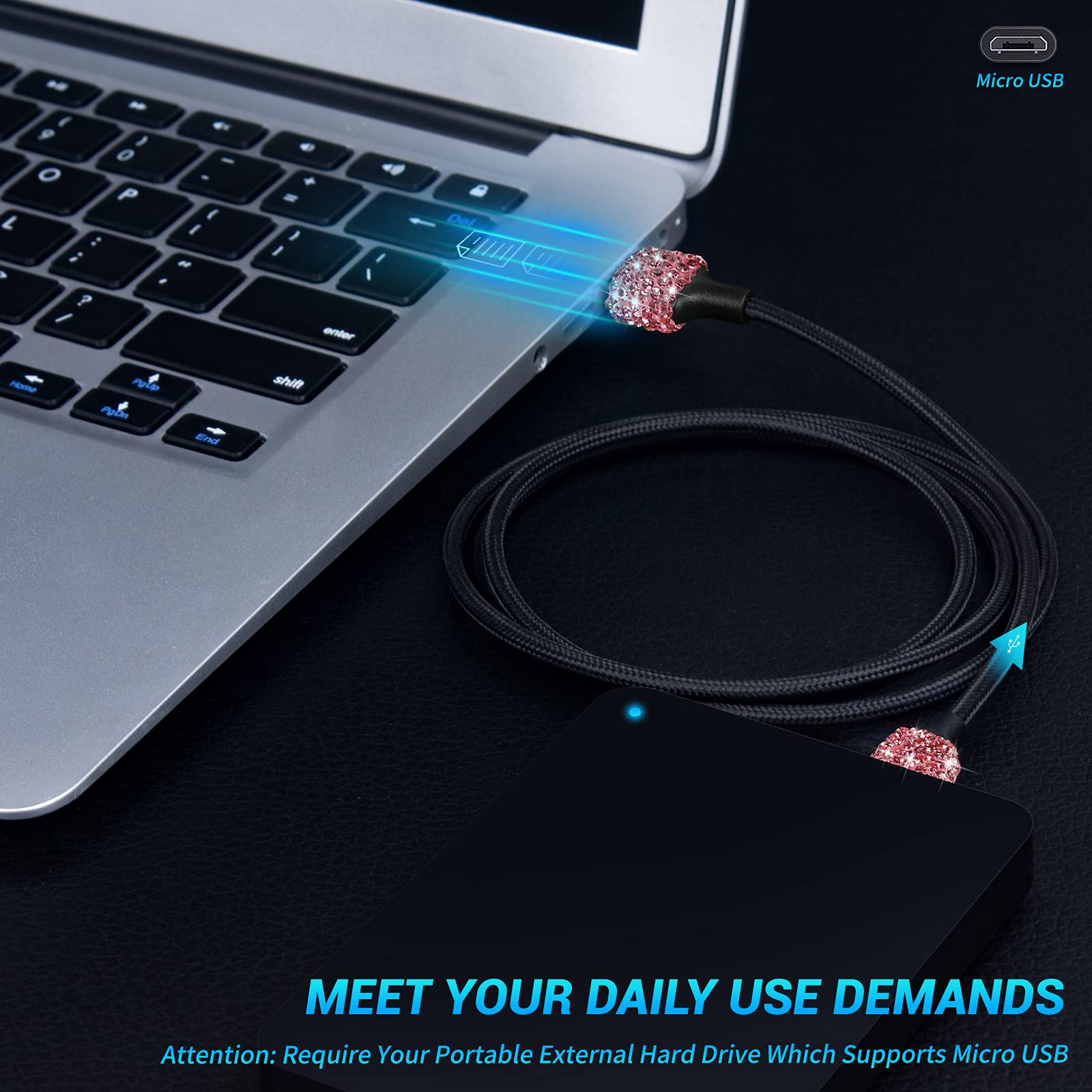 3-Pack Pink Bling Micro USB Cable (3.3FT) - Fast Charging Cord for Samsung Galaxy S7/S6 Edge/J7/S5, Note 5/4, LG K40/K20, MP3 Players, Kindle, Tablets - Perfect for Home, Office & Travel Charging