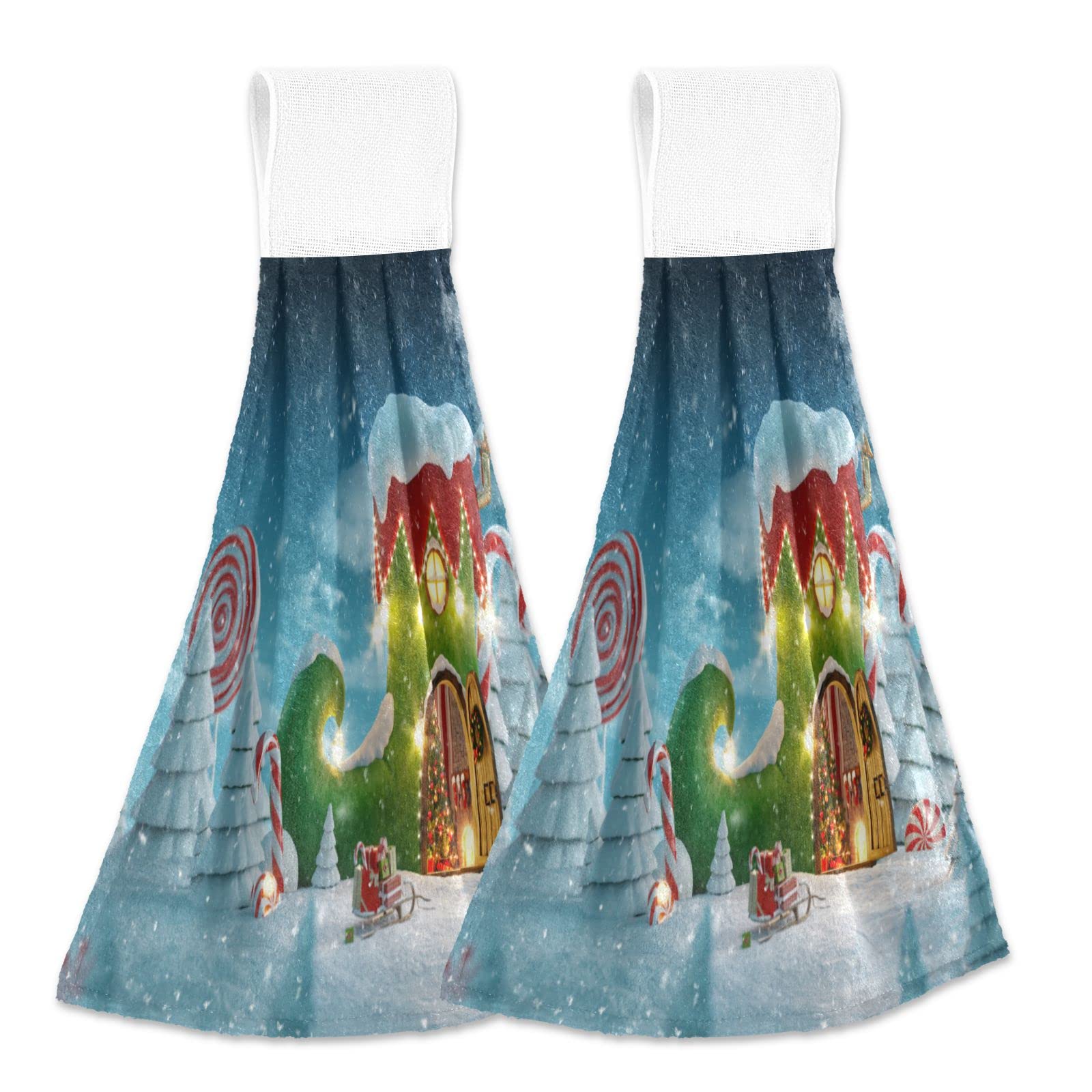 Christmas Boot House Hanging Kitchen Towels - 2PCS Elf & Candy Cane Oven Tie Towel Set for Kitchen, Bathroom, and Guest Hand Towels - Festive Holiday Home Decor for Christmas Decorations and Party Hosting