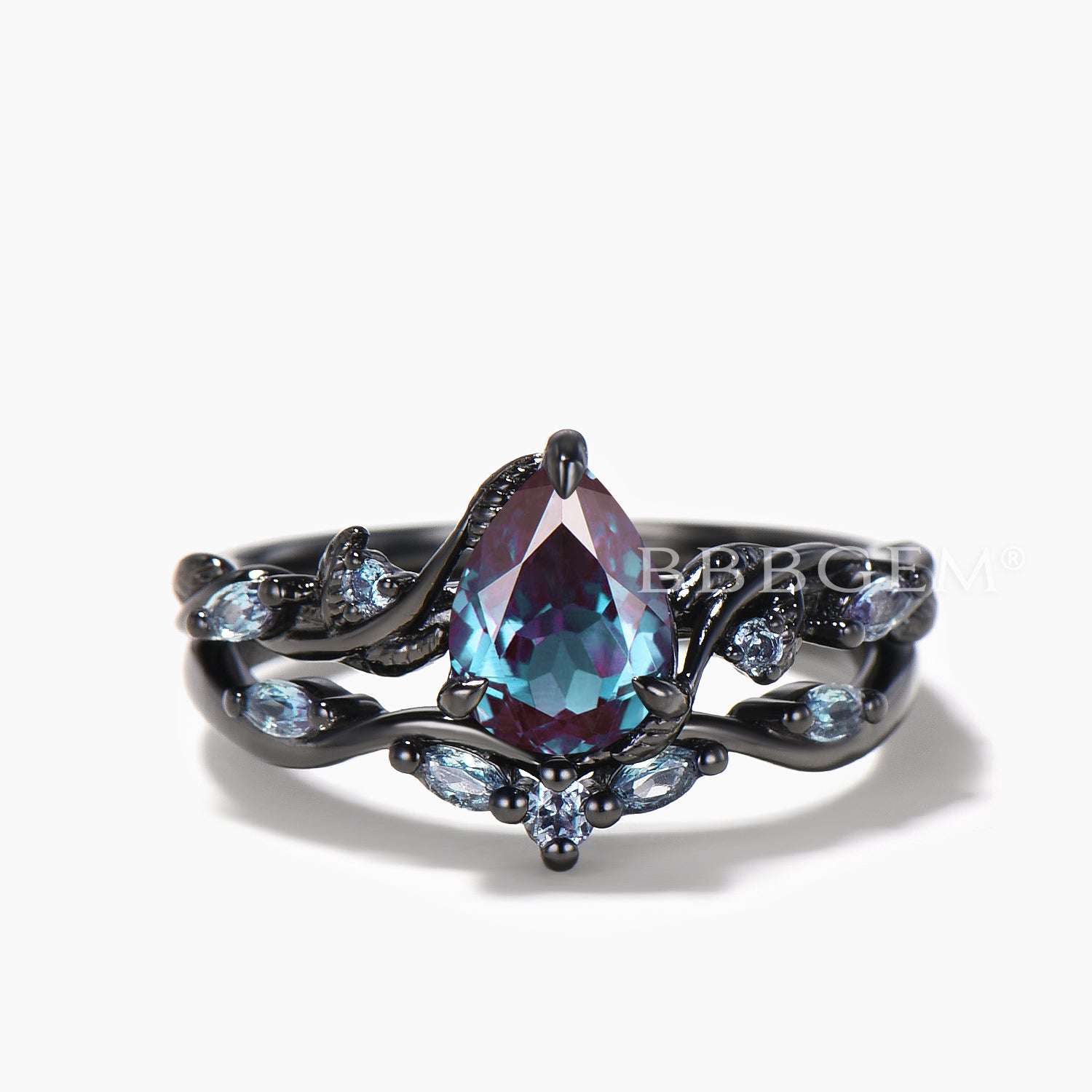 Teardrop Color Changing Alexandrite Bridal Ring Set - Black Gold Twisted Nature Inspired Wedding Band for Engagement, Anniversary & Special Occasions