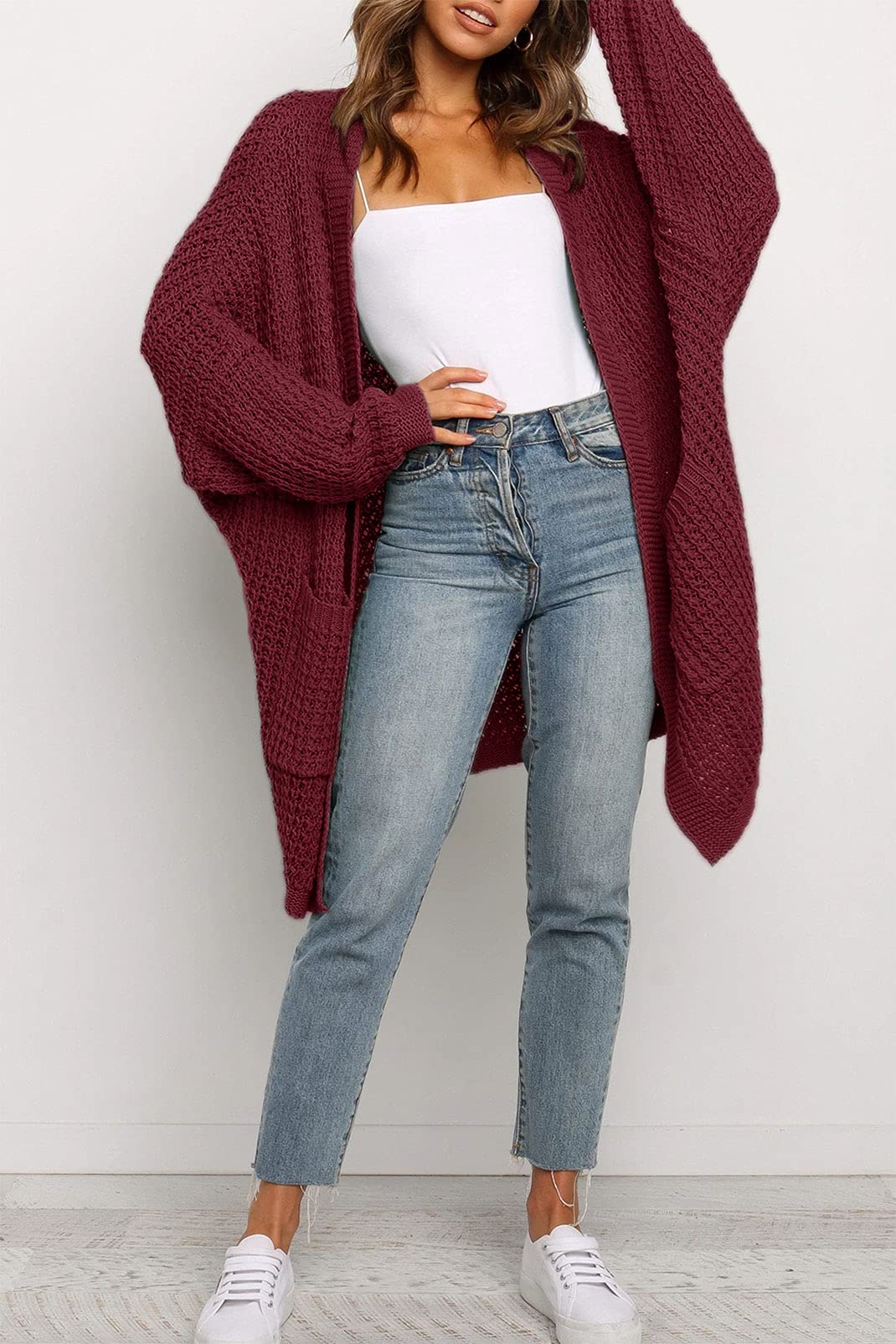 MEROKEETY Women's Oversized Long Batwing Sleeve Cardigan Waffle Knit Sweater Coat - Cozy Fall Winter Layering Piece for Casual Outfits & Lounge Wear